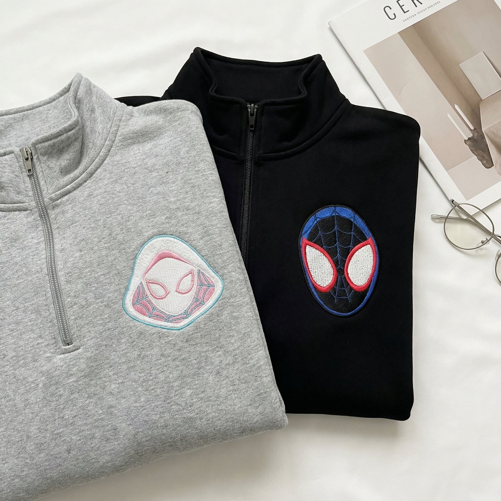 Custom Embroidered Quarter Zip Sweatshirts for Couples - Cartoon Superhero Matching Full-Zip Hoodie