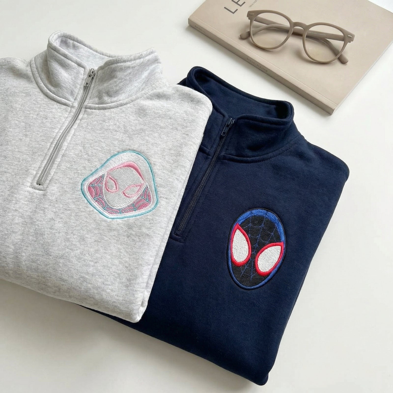 Custom Embroidered Quarter Zip Sweatshirts for Couples - Cartoon Superhero Matching Full-Zip Hoodie