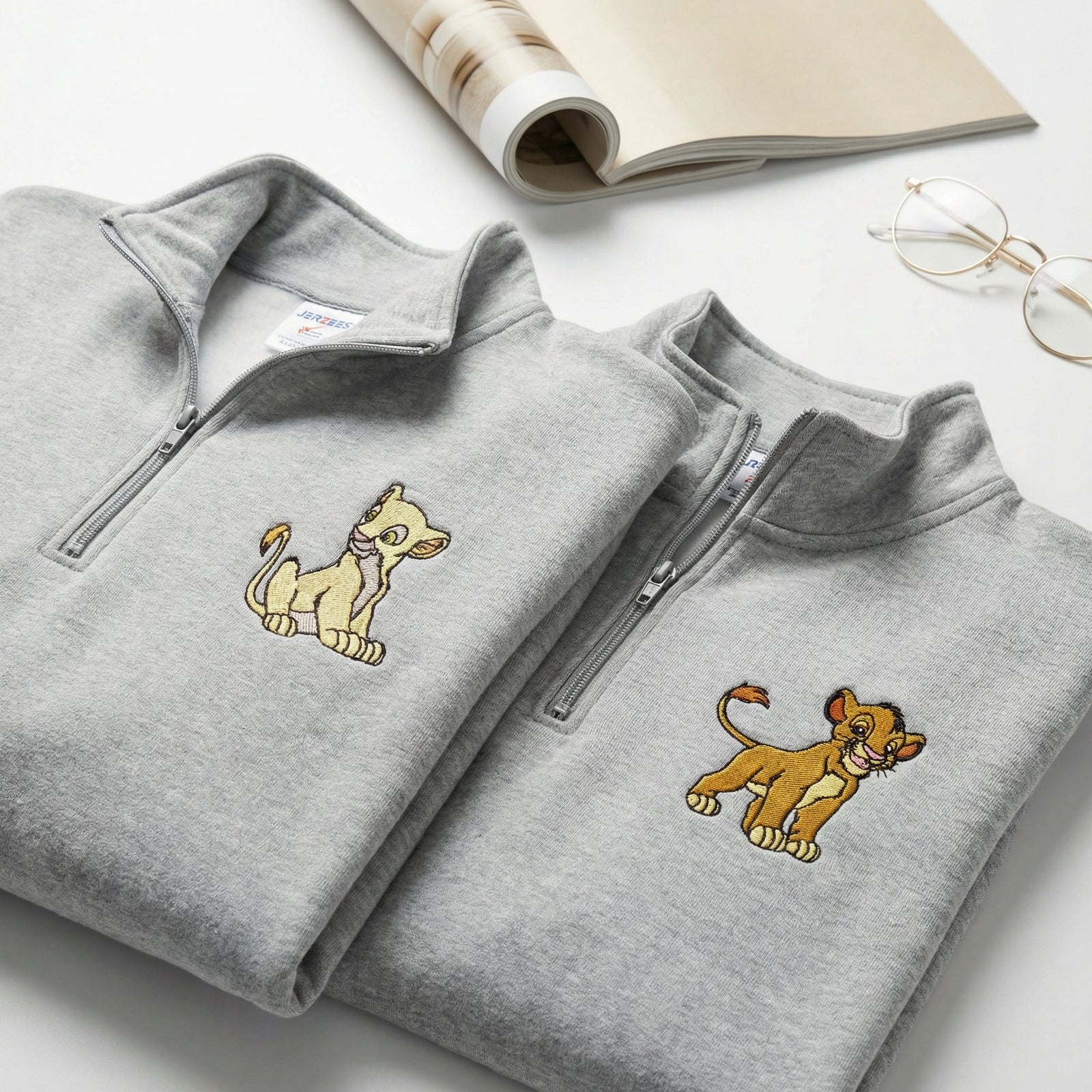 Custom Embroidered Quarter Zip Sweatshirts for Couples - Cute Cartoon Lion Matching Full-Zip Hoodie