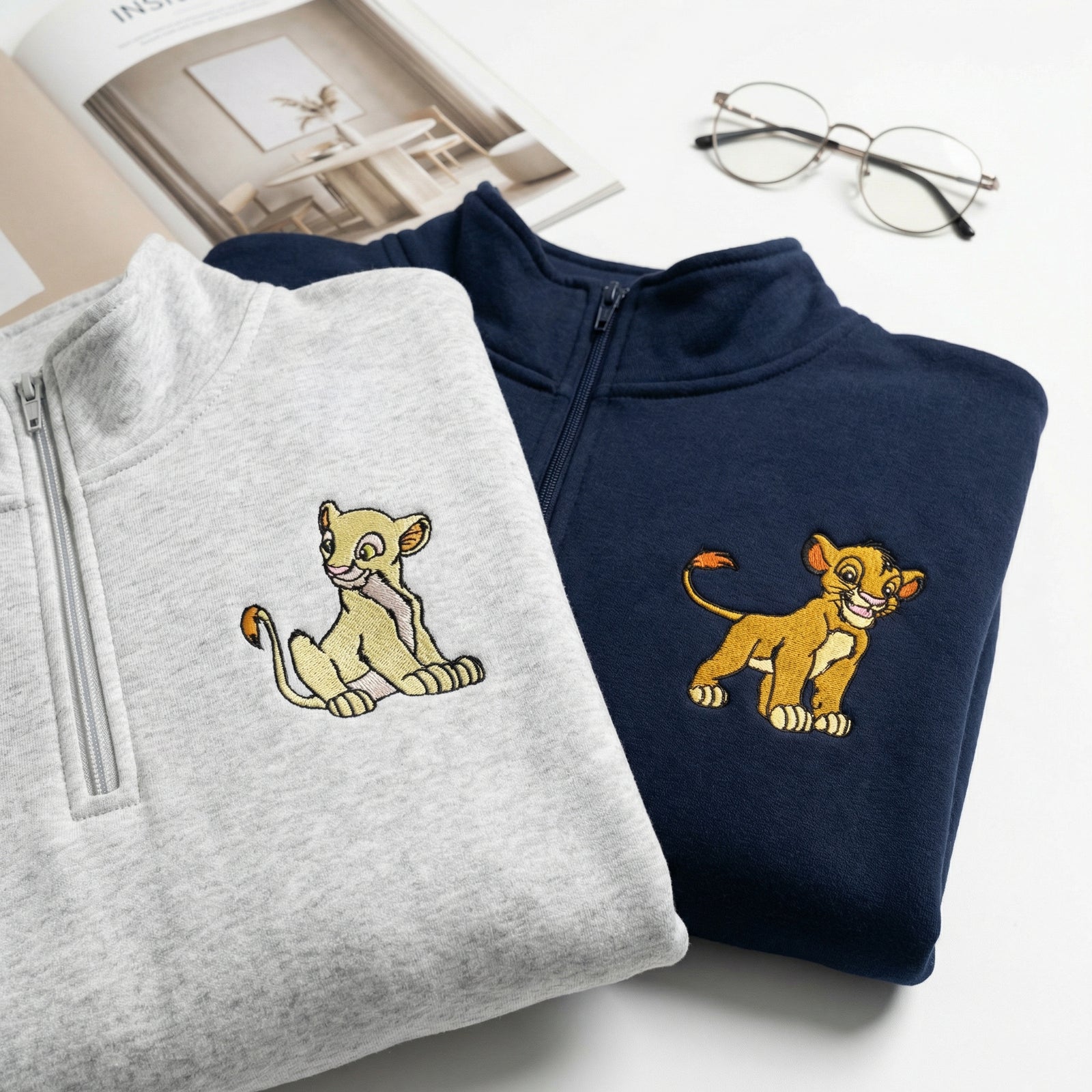 Custom Embroidered Quarter Zip Sweatshirts for Couples - Cute Cartoon Lion Matching Full-Zip Hoodie