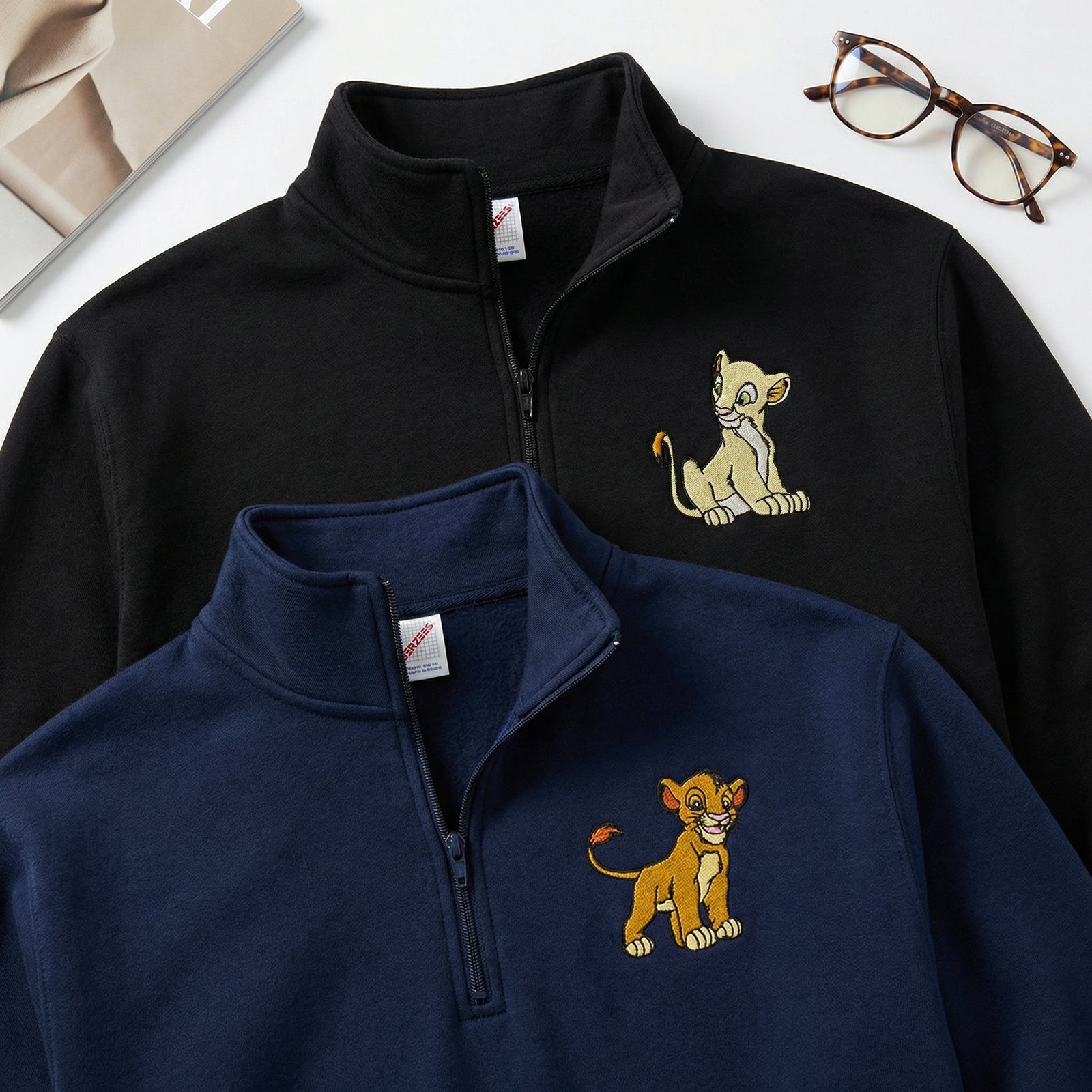 Custom Embroidered Quarter Zip Sweatshirts for Couples - Cute Cartoon Lion Matching Full-Zip Hoodie