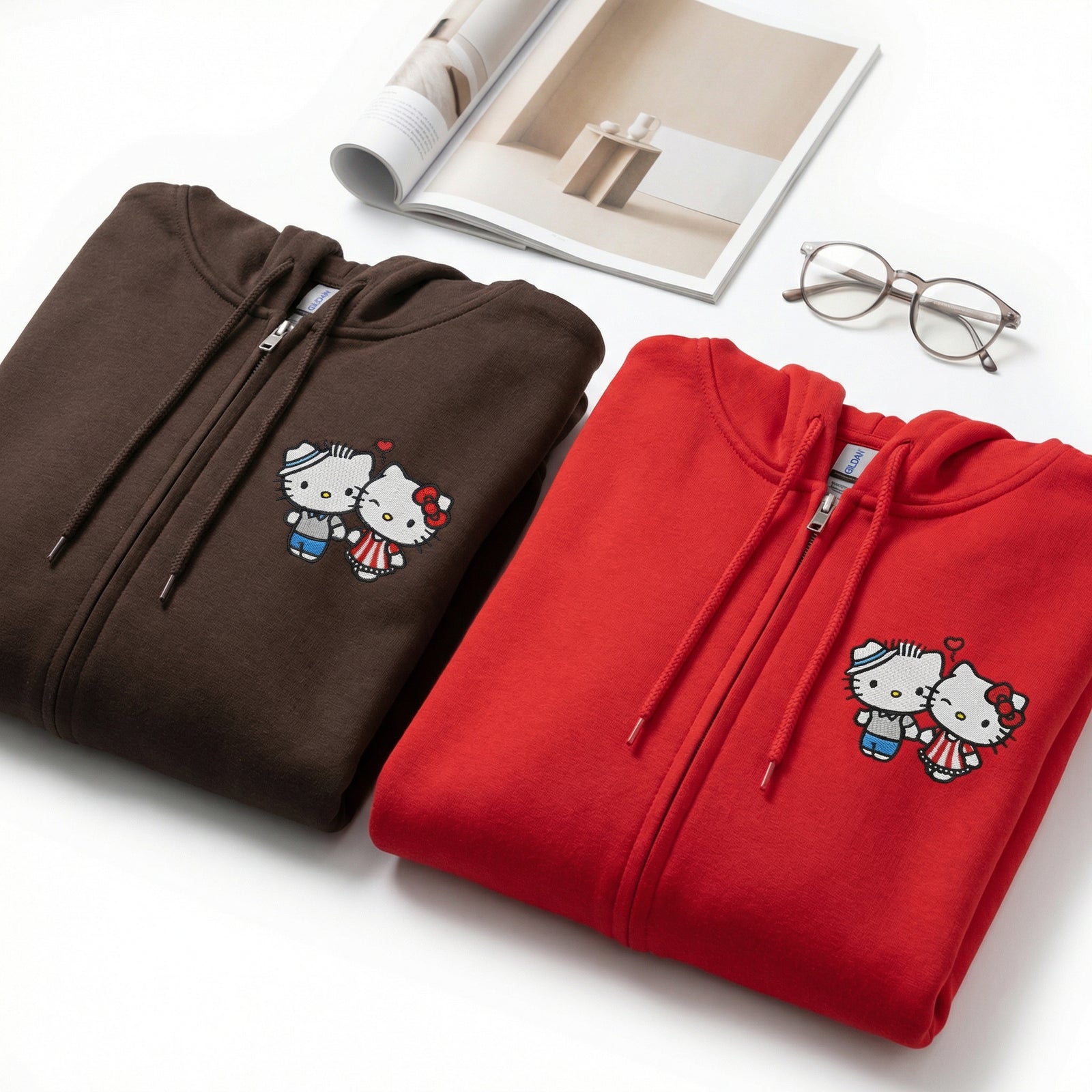 Custom Embroidered Quarter Zip Sweatshirts for Couples - Cute Kiss Kitten Matching Full-Zip Hoodie