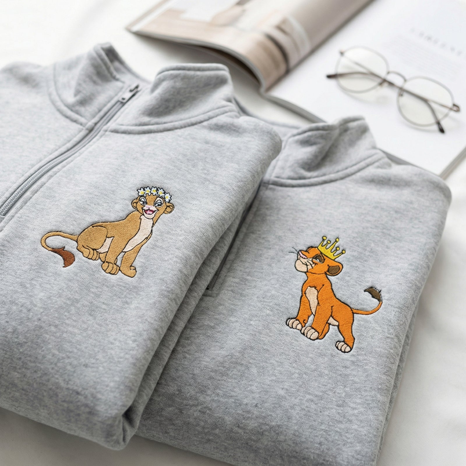 Custom Embroidered Quarter Zip Sweatshirts for Couples - Cute Lion King & Queen Matching Full-Zip Hoodie