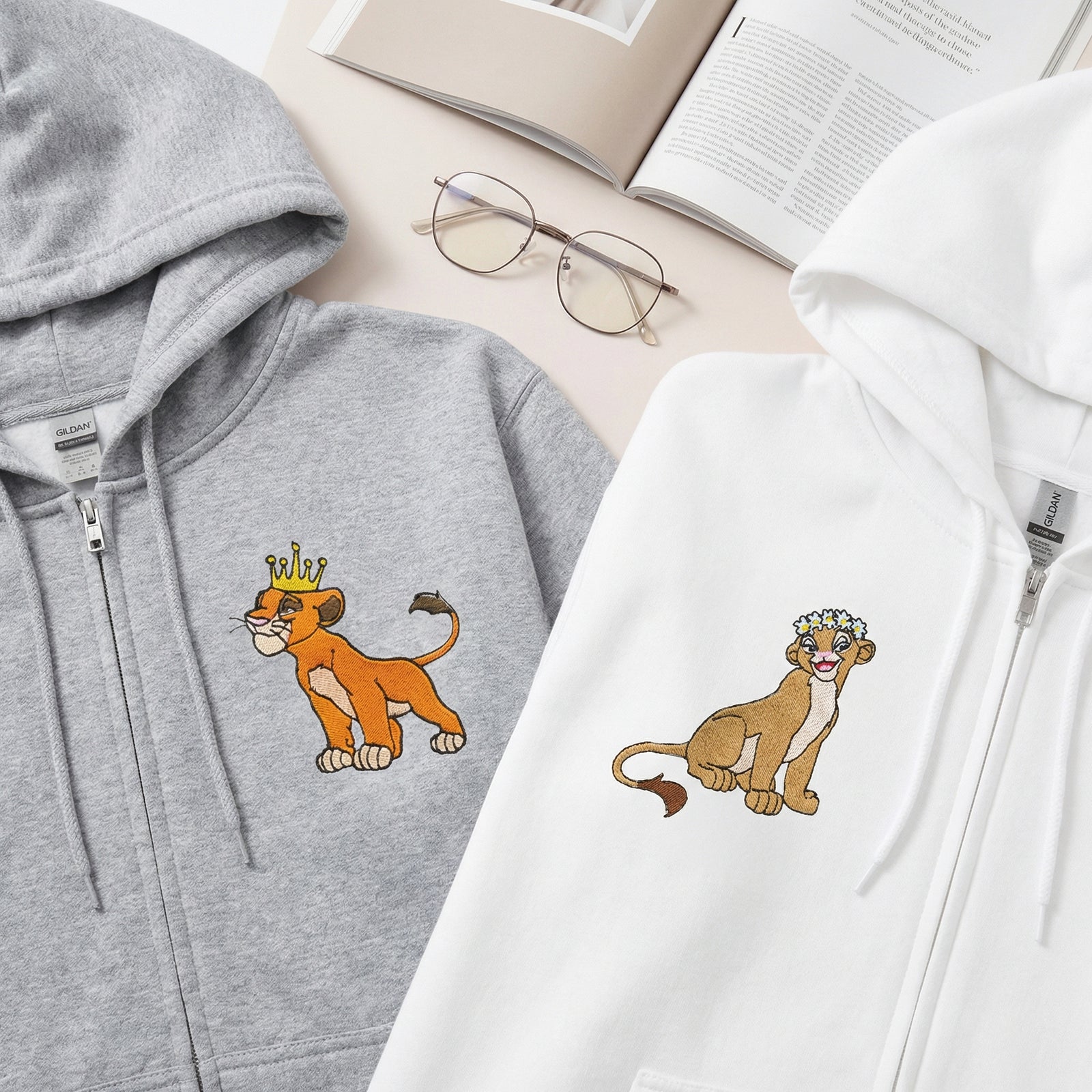 Custom Embroidered Quarter Zip Sweatshirts for Couples - Cute Lion King & Queen Matching Full-Zip Hoodie