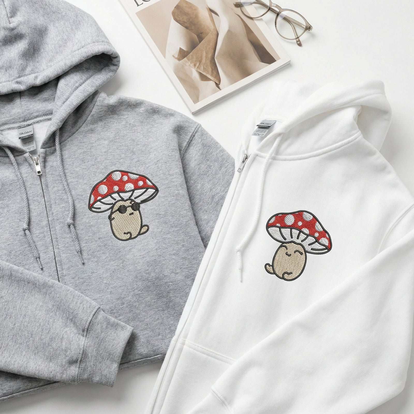 Custom Embroidered Quarter Zip Sweatshirts for Couples - Cute Mushroom Cartoon Matching Full-Zip Hoodie