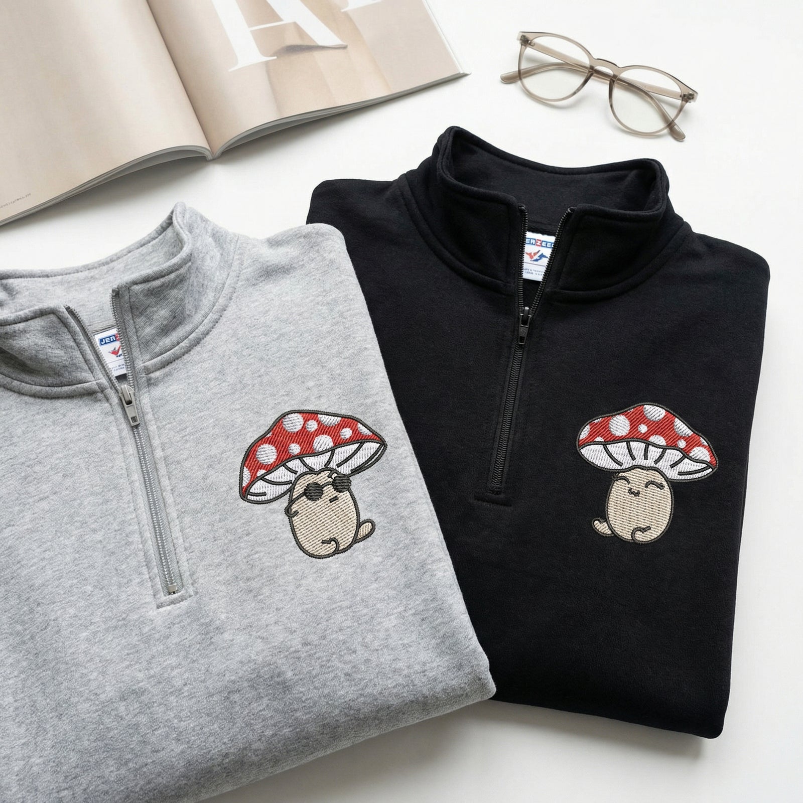 Custom Embroidered Quarter Zip Sweatshirts for Couples - Cute Mushroom Cartoon Matching Full-Zip Hoodie