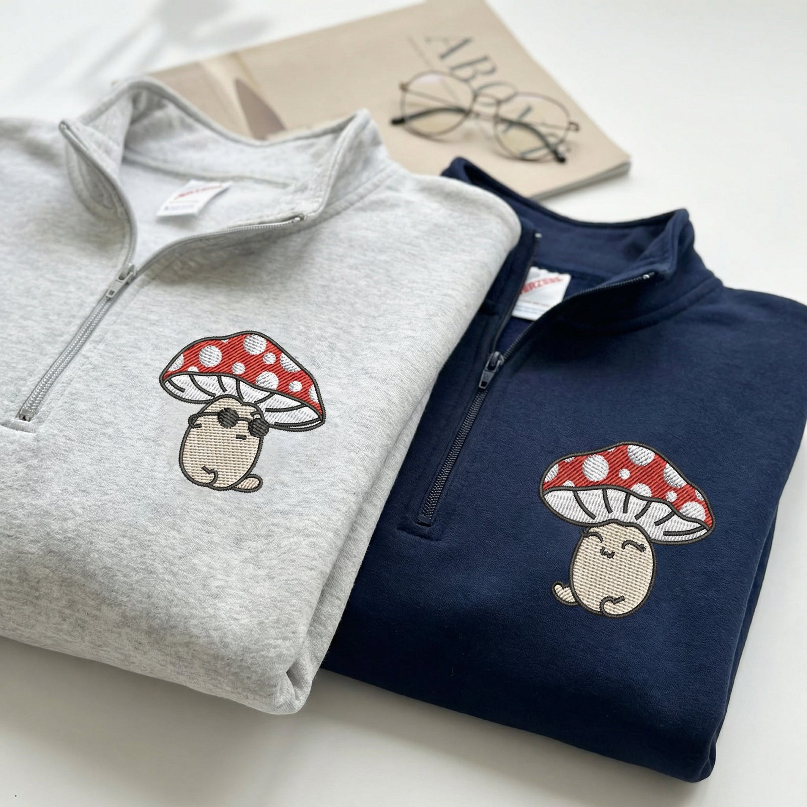 Custom Embroidered Quarter Zip Sweatshirts for Couples - Cute Mushroom Cartoon Matching Full-Zip Hoodie