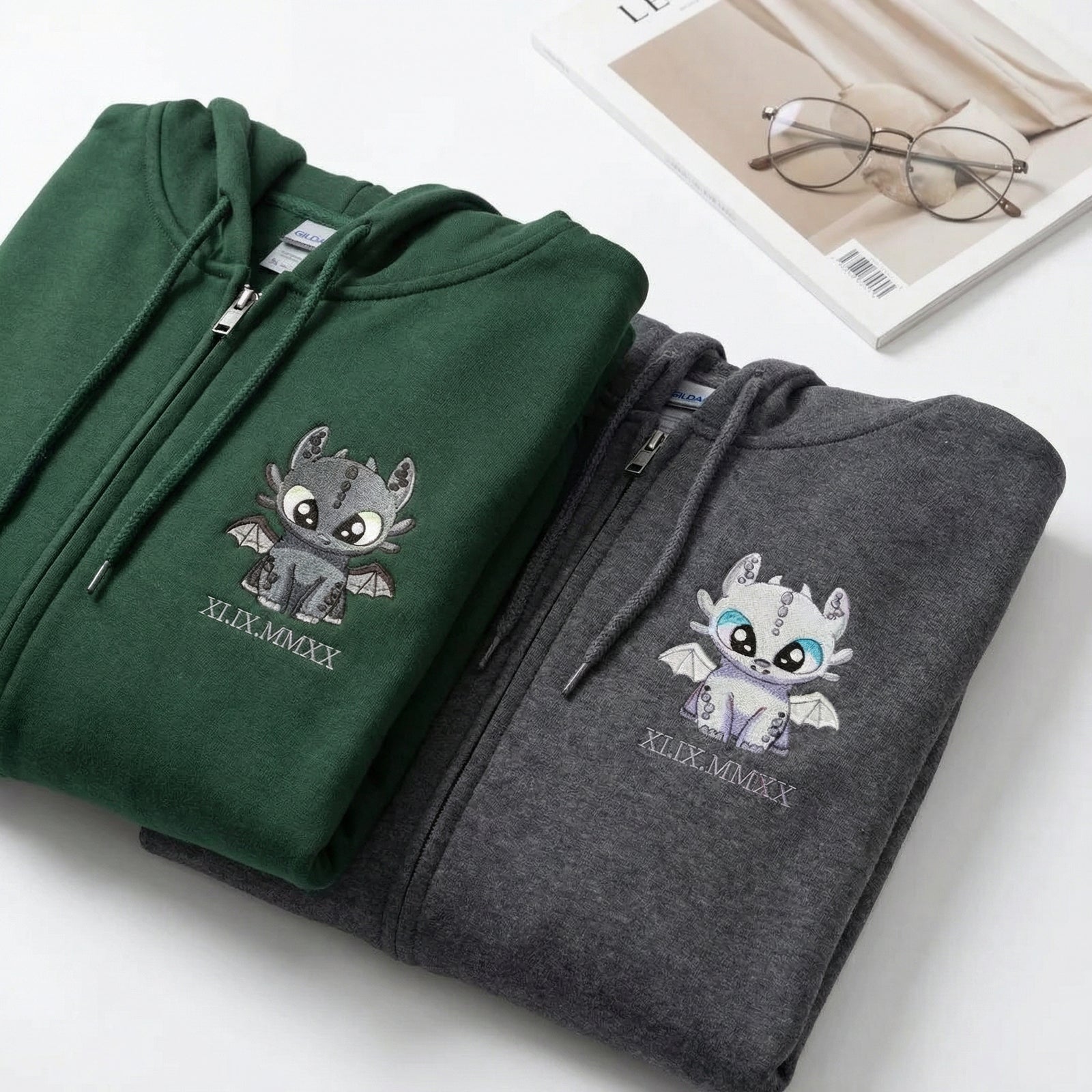 Custom Embroidered Quarter Zip Sweatshirts for Couples - Dragon Lovely Characters Roman Numeral Matching Full-Zip Hoodie