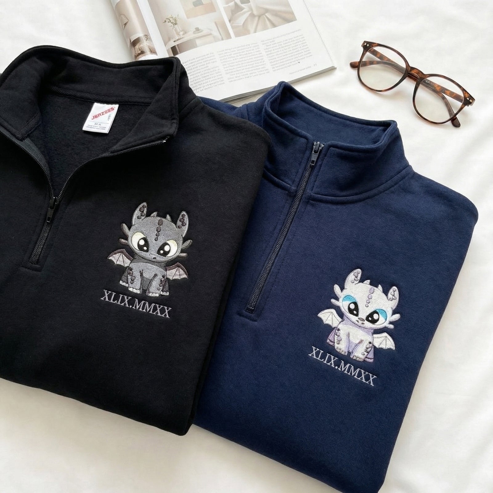 Custom Embroidered Quarter Zip Sweatshirts for Couples - Dragon Lovely Characters Roman Numeral Matching Full-Zip Hoodie