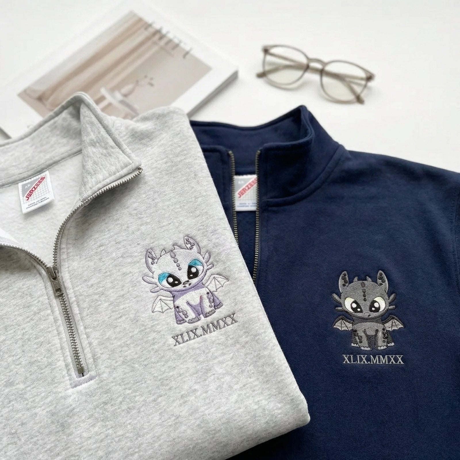 Custom Embroidered Quarter Zip Sweatshirts for Couples - Dragon Lovely Characters Roman Numeral Matching Full-Zip Hoodie