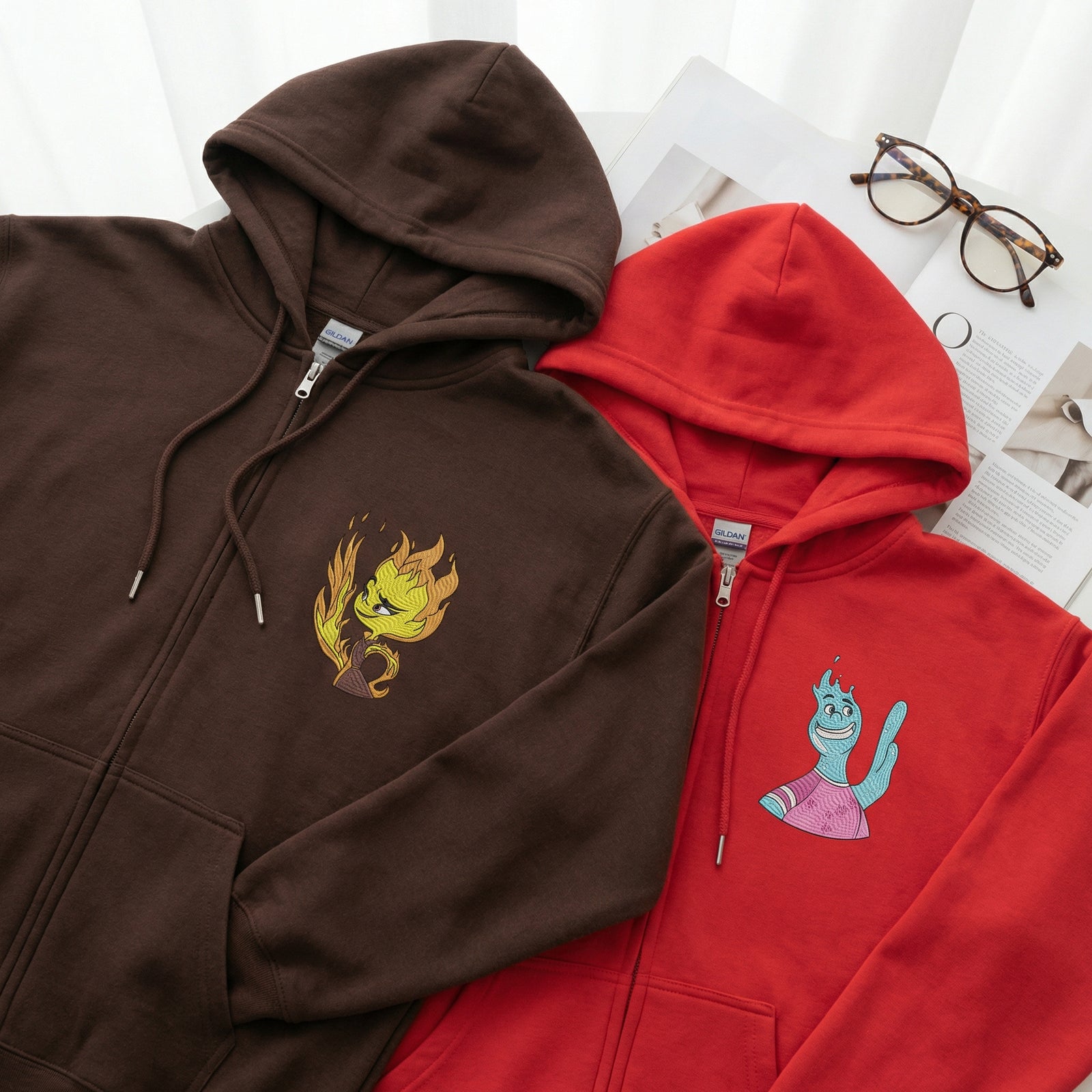 Custom Embroidered Quarter Zip Sweatshirts for Couples - Fire & Water His & Her Matching Full-Zip Hoodie