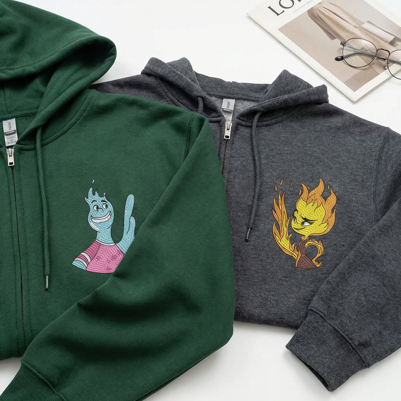 Custom Embroidered Quarter Zip Sweatshirts for Couples - Fire & Water His & Her Matching Full-Zip Hoodie