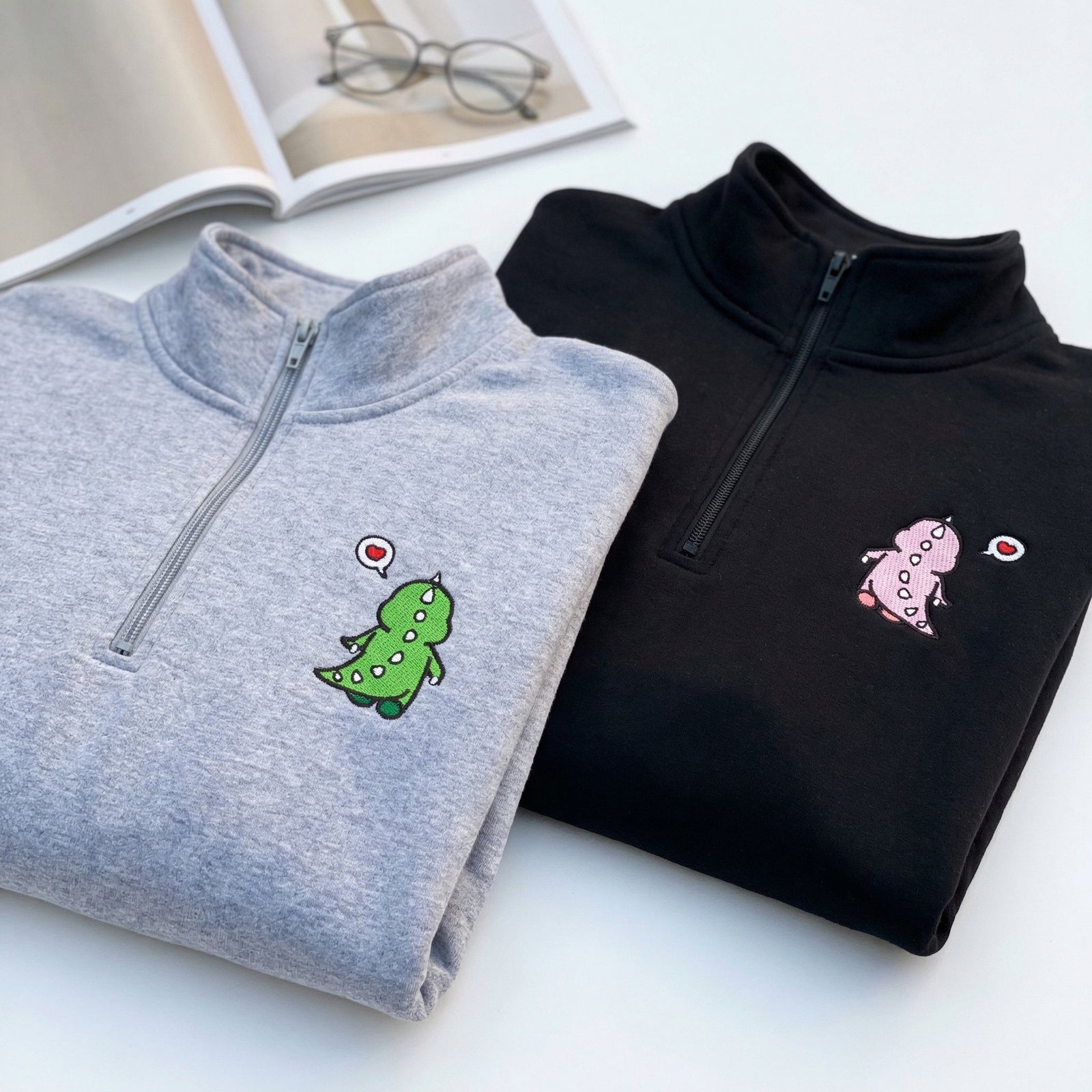 Custom Embroidered Quarter Zip Sweatshirts for Couples - Funny Cartoon Dinosaur Anniversary Date Matching Full-Zip Hoodie