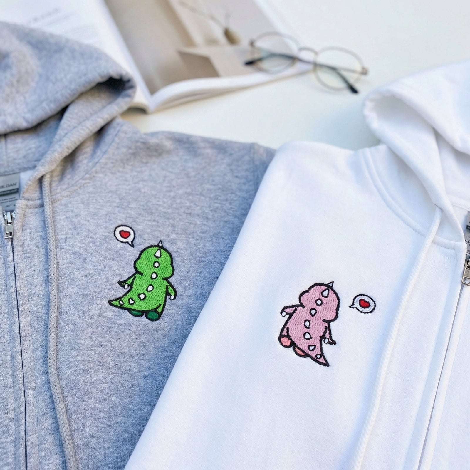 Custom Embroidered Quarter Zip Sweatshirts for Couples - Funny Cartoon Dinosaur Anniversary Date Matching Full-Zip Hoodie