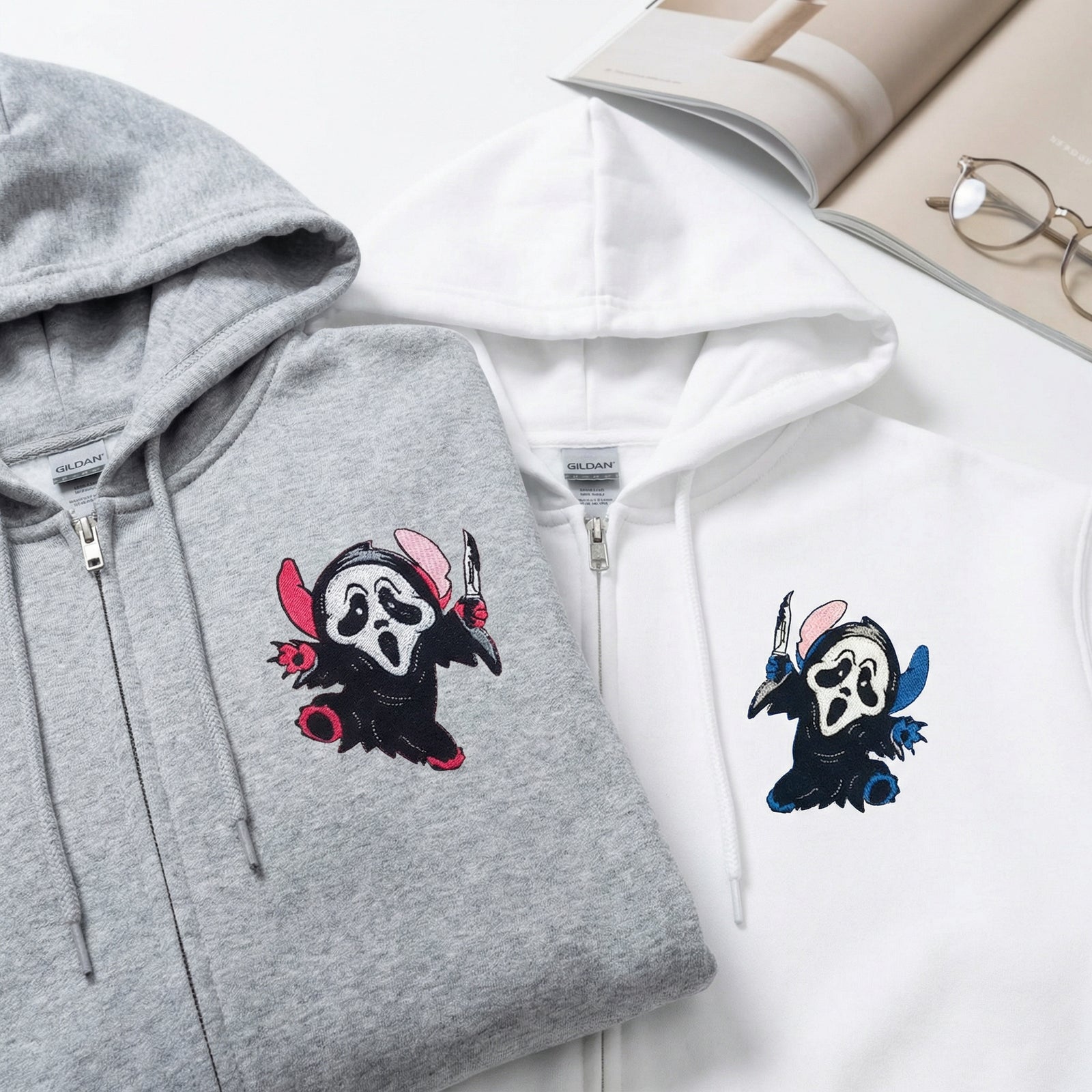 Custom Embroidered Quarter Zip Sweatshirts for Couples - Ghostface Cartoon Halloween Matching Full-Zip Hoodie