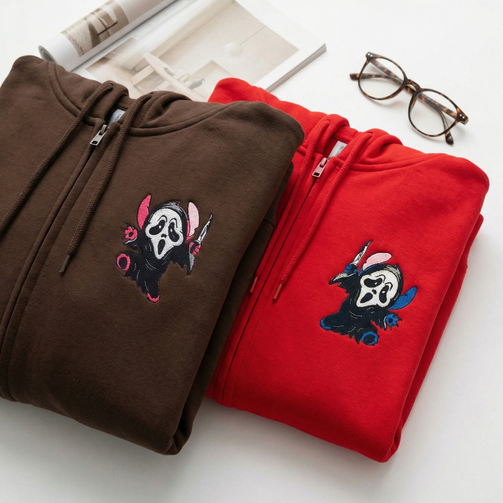 Custom Embroidered Quarter Zip Sweatshirts for Couples - Ghostface Cartoon Halloween Matching Full-Zip Hoodie
