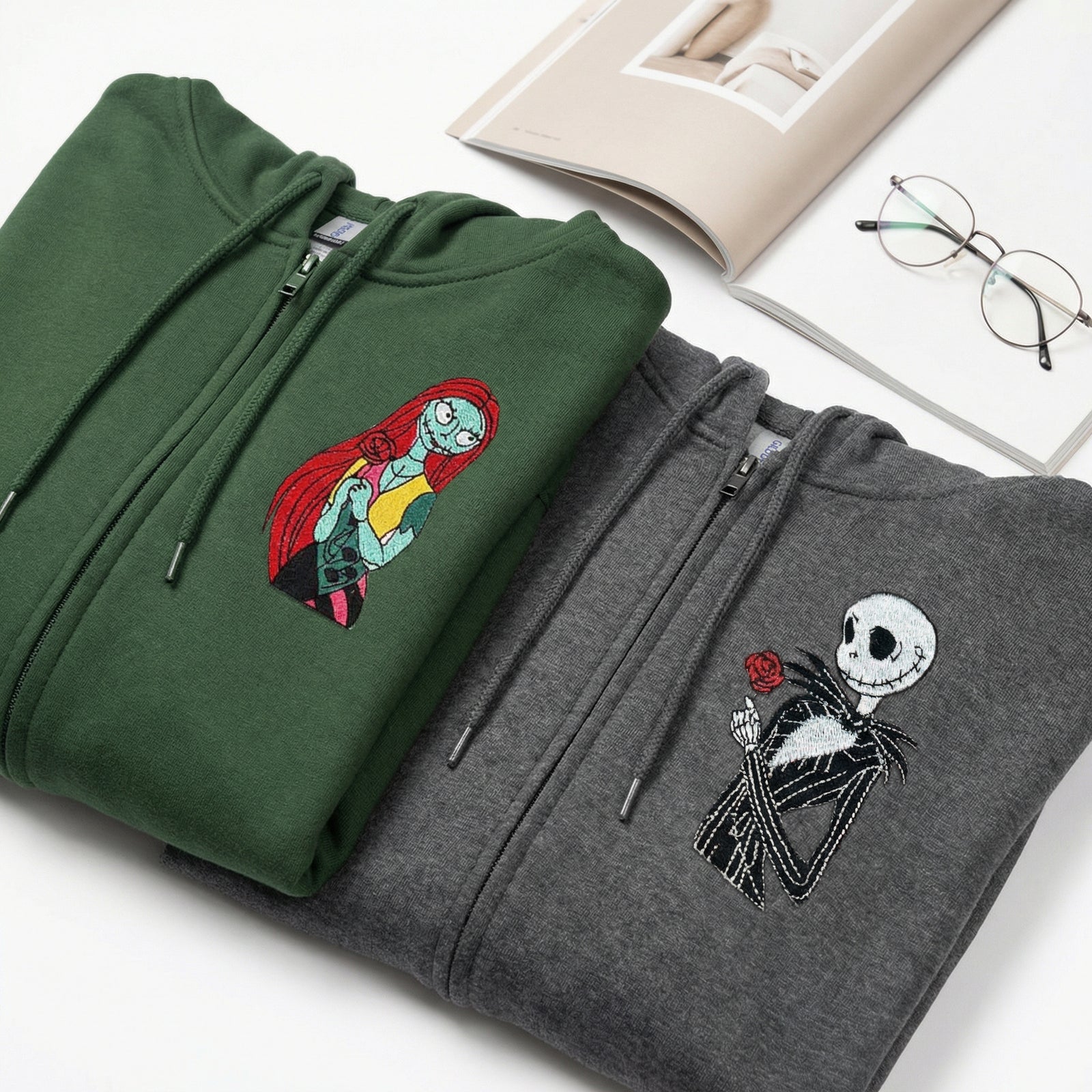 Custom Embroidered Quarter Zip Sweatshirts for Couples - Gothic Skeleton Halloween Matching Full-Zip Hoodie