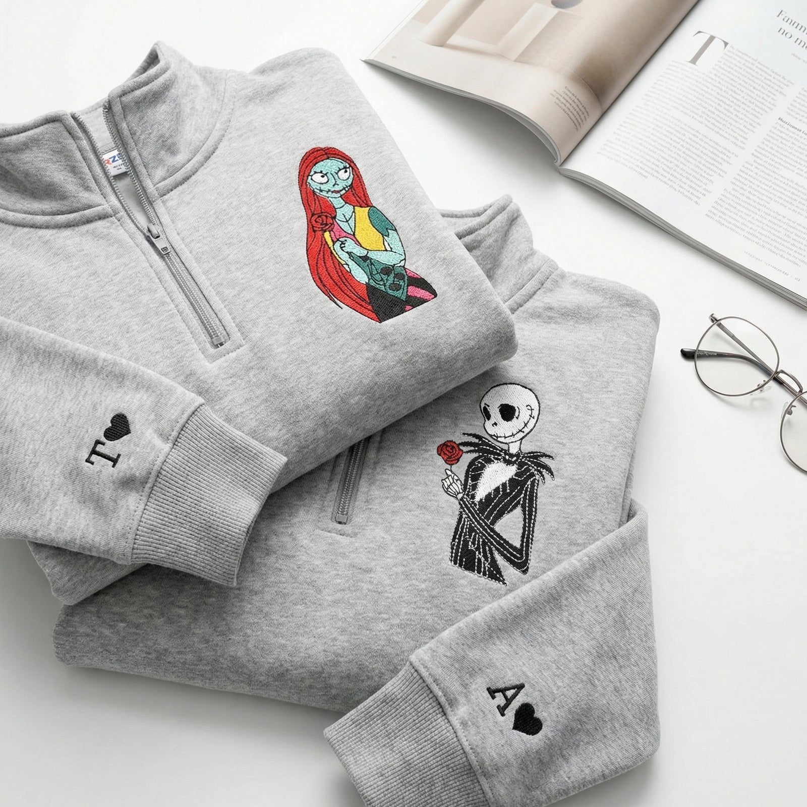 Custom Embroidered Quarter Zip Sweatshirts for Couples - Gothic Skeleton Halloween Matching Full-Zip Hoodie