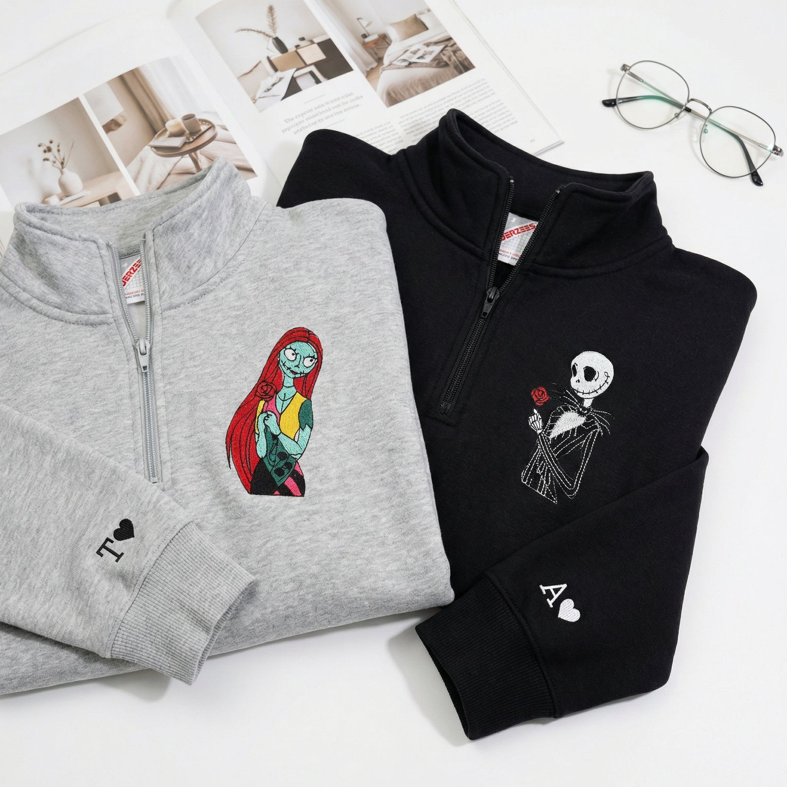 Custom Embroidered Quarter Zip Sweatshirts for Couples - Gothic Skeleton Halloween Matching Full-Zip Hoodie