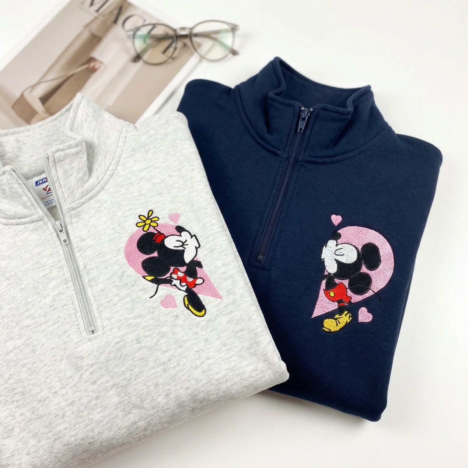 Custom Embroidered Quarter Zip Sweatshirts for Couples - Mouse Heart Love Matching Full-Zip Hoodie