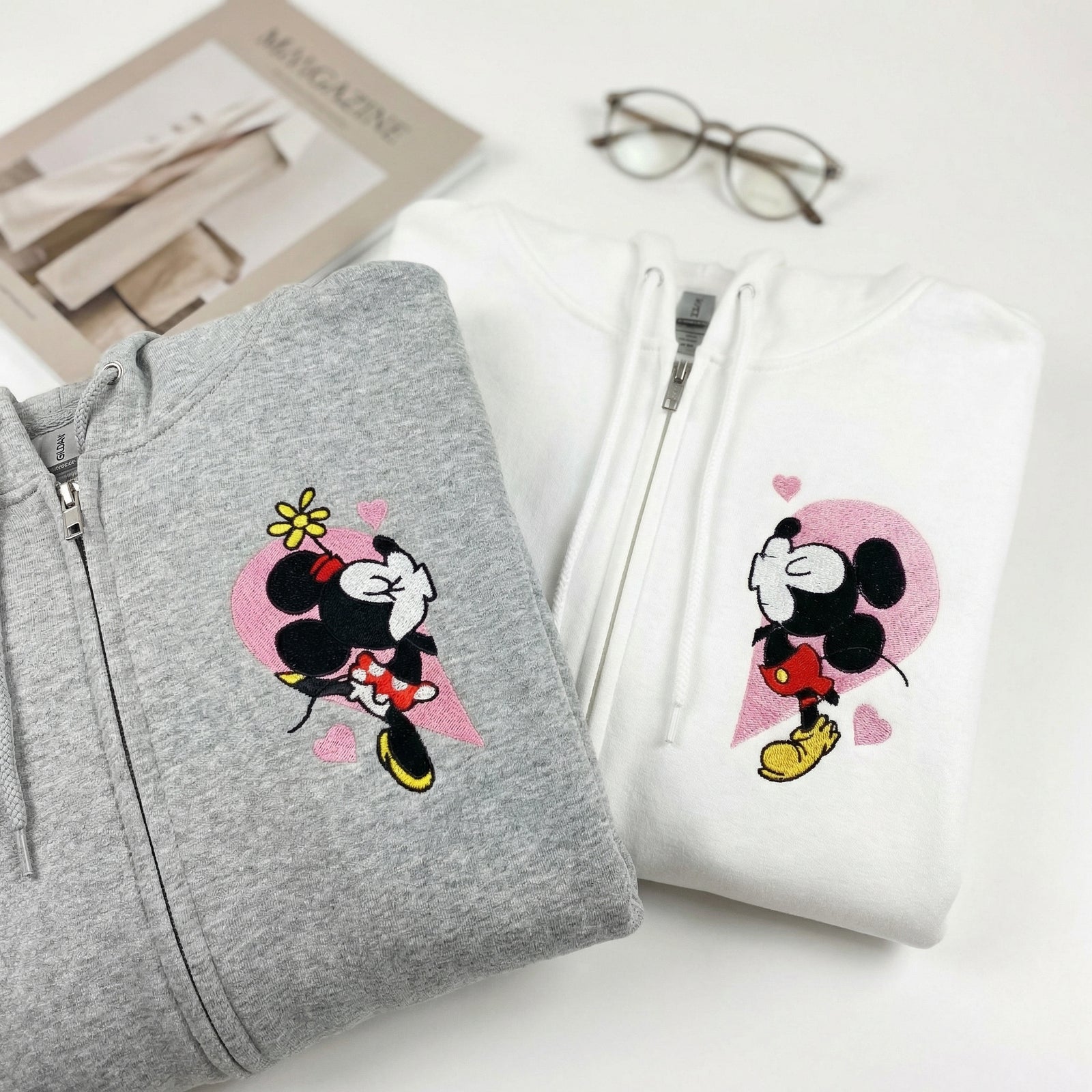 Custom Embroidered Quarter Zip Sweatshirts for Couples - Mouse Heart Love Matching Full-Zip Hoodie