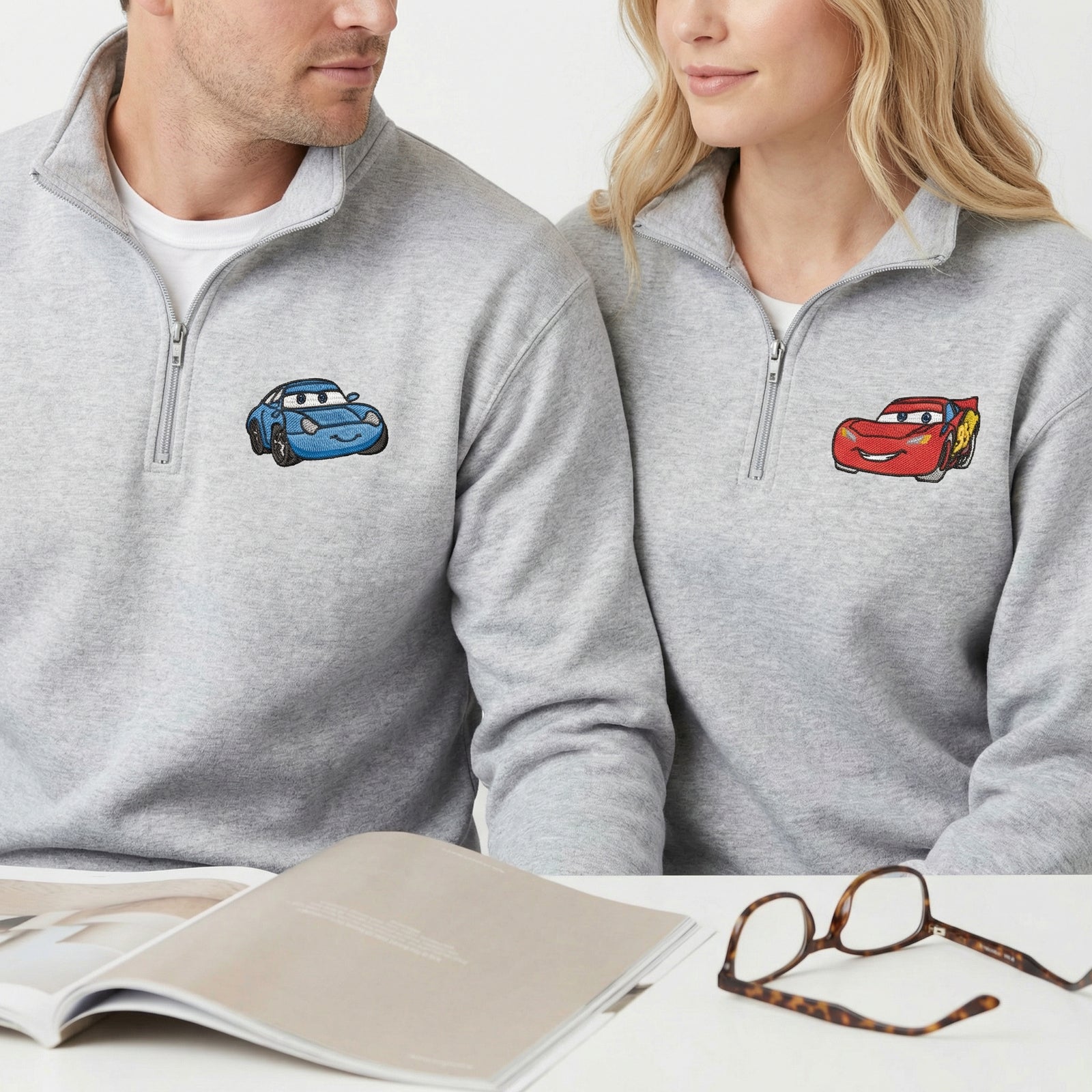 Custom Embroidered Quarter Zip Sweatshirts for Couples - Racing Car Lovers Matching Full-Zip Hoodie