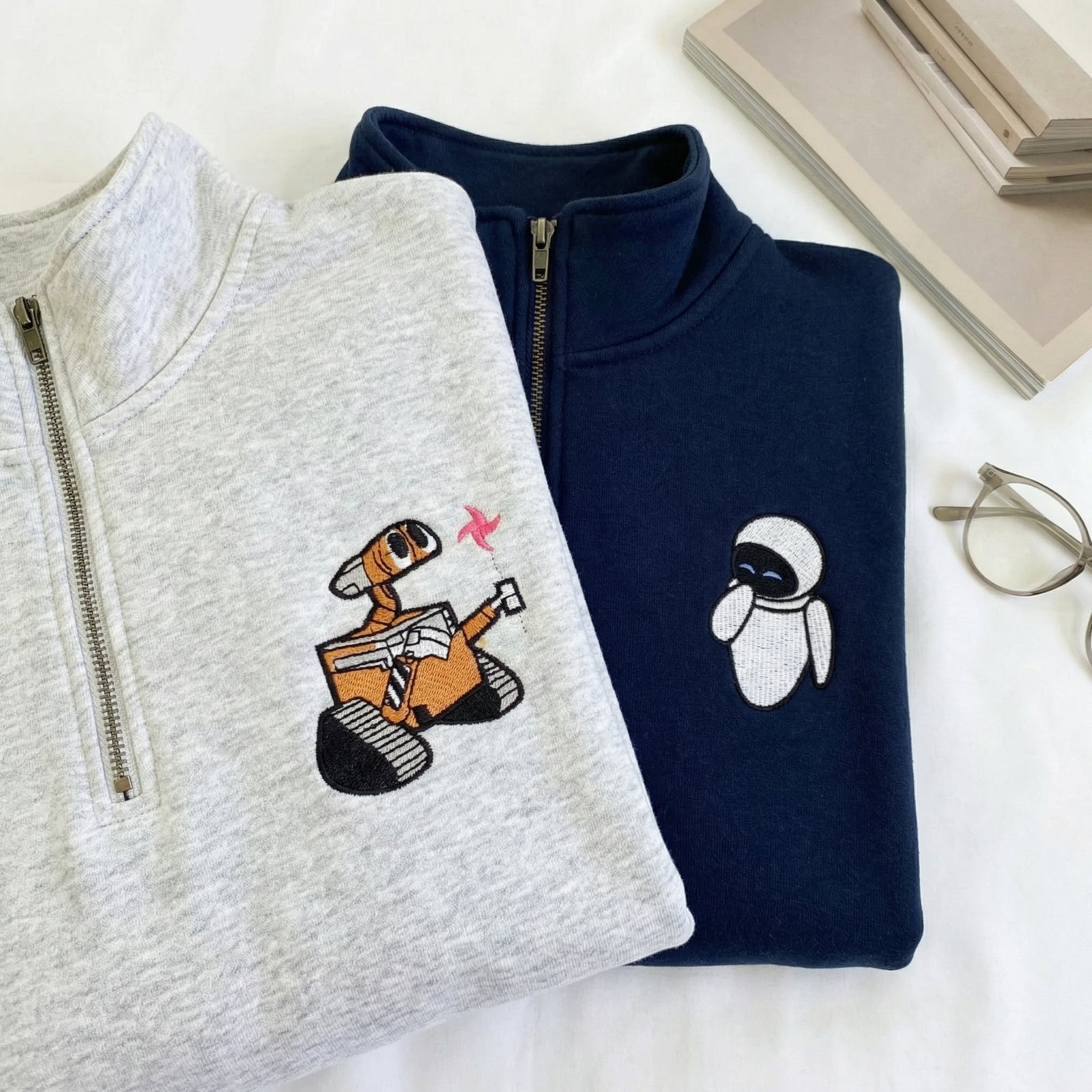 Custom Embroidered Quarter Zip Sweatshirts for Couples - Robot Love Matching Full-Zip Hoodie