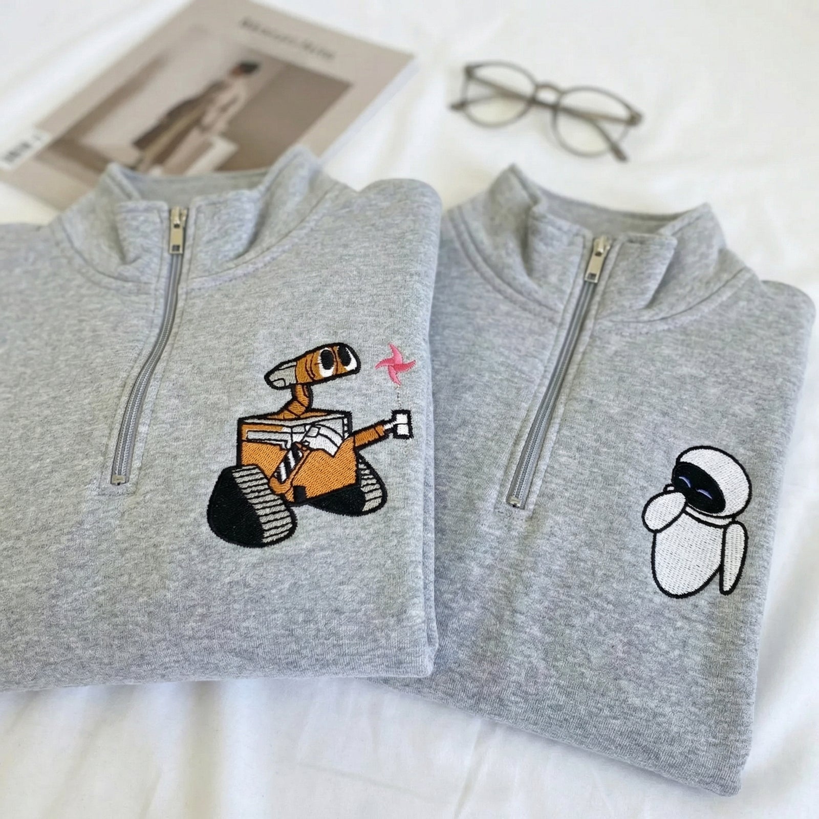 Custom Embroidered Quarter Zip Sweatshirts for Couples - Robot Love Matching Full-Zip Hoodie