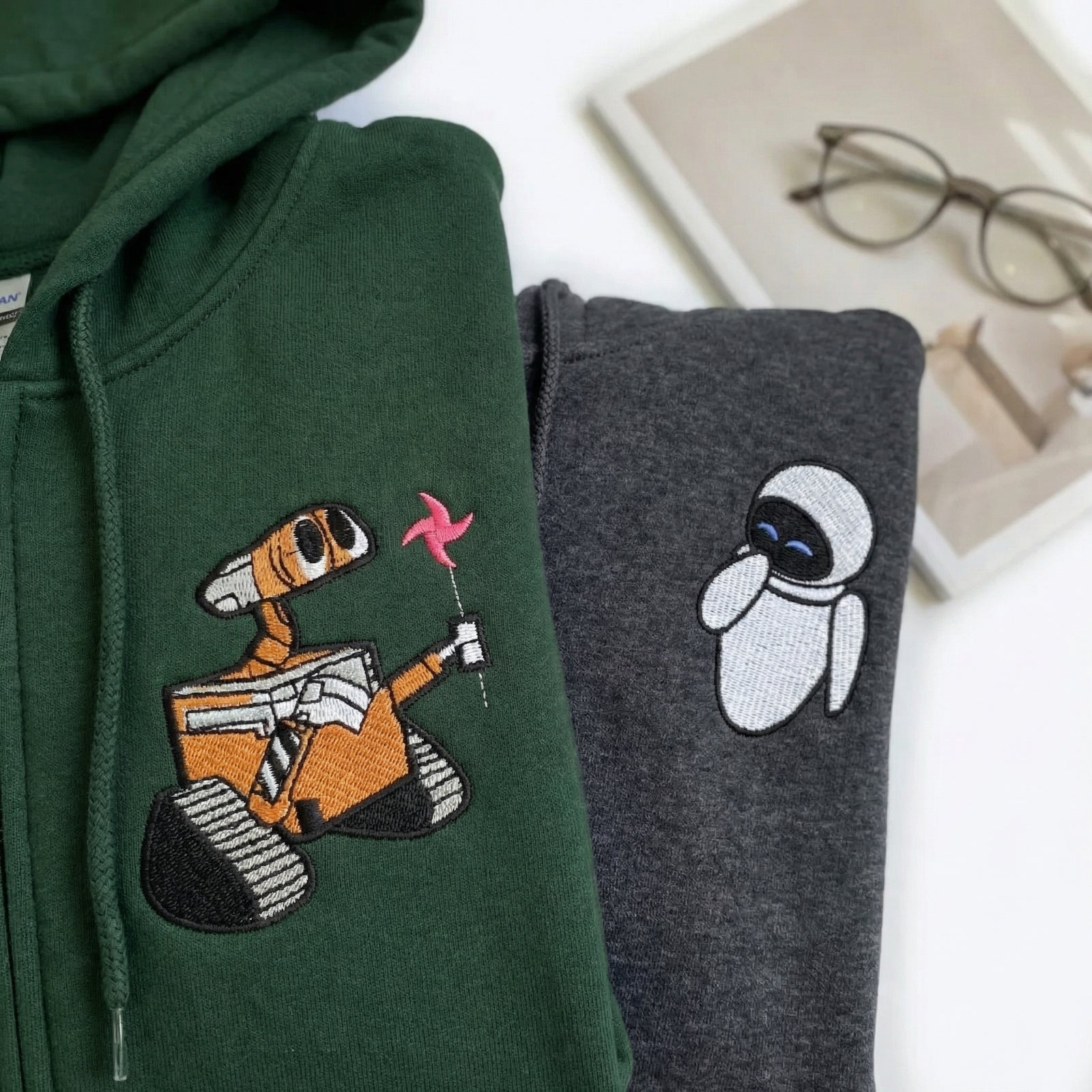 Custom Embroidered Quarter Zip Sweatshirts for Couples - Robot Love Matching Full-Zip Hoodie