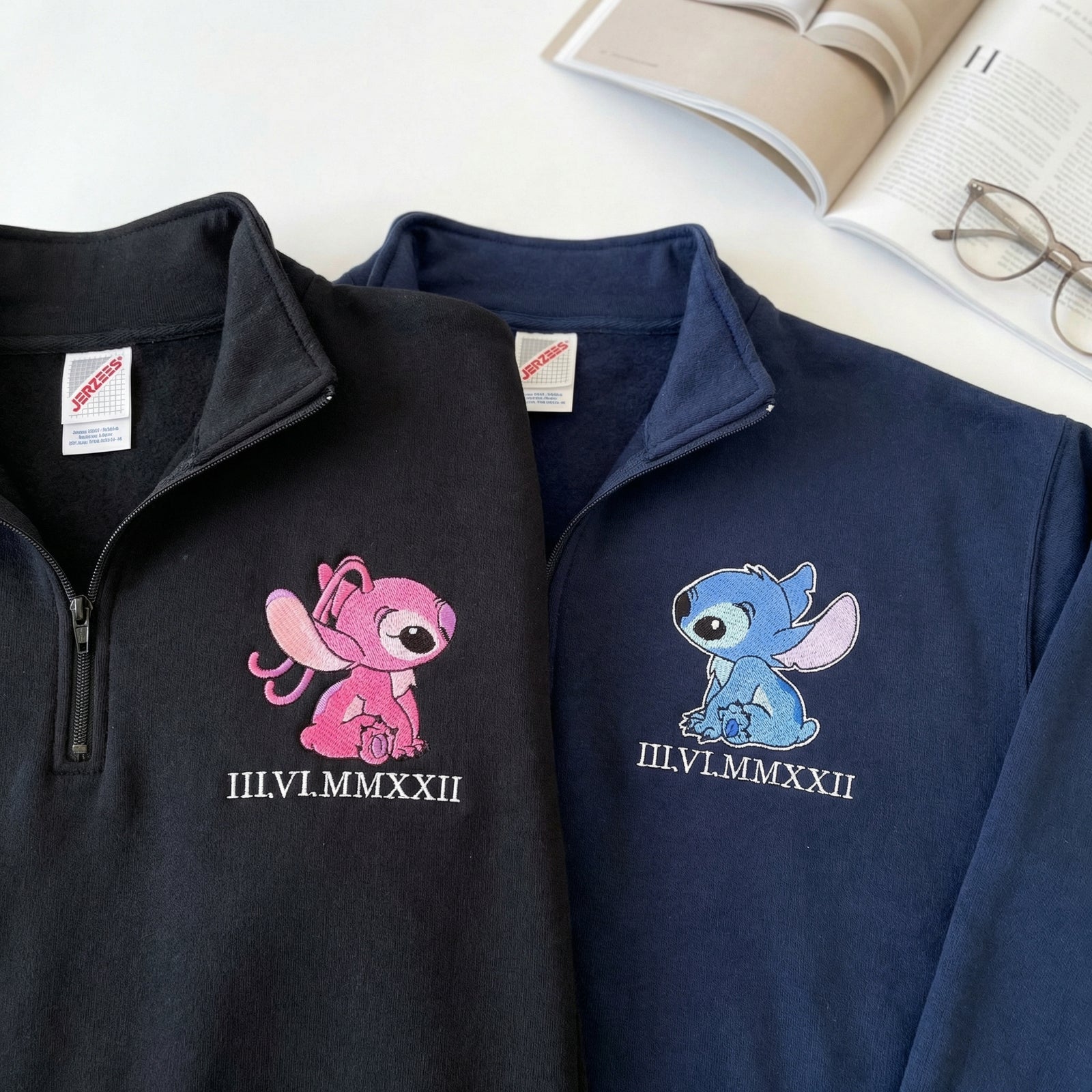 Custom Embroidered Quarter Zip Sweatshirts for Couples - Roman Numeral Date Alien Duo Matching Full-Zip Hoodie