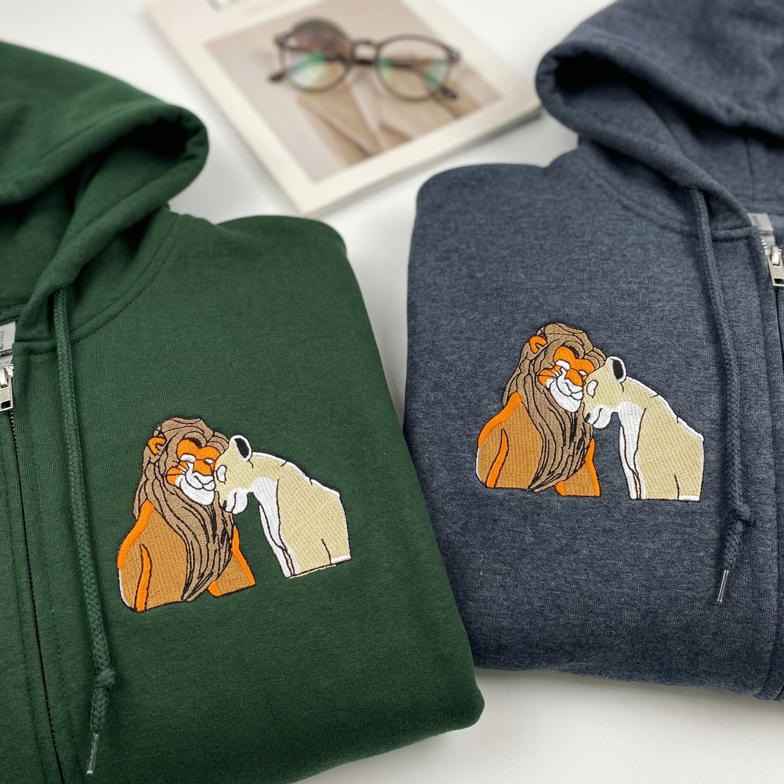 Custom Embroidered Quarter Zip Sweatshirts for Couples - Romantic Lion Couple Matching Full-Zip Hoodie
