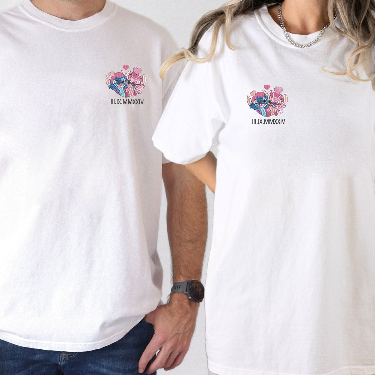 Custom Embroidered Roman Numeral Date Cute Cartoon T-shirts for Couples