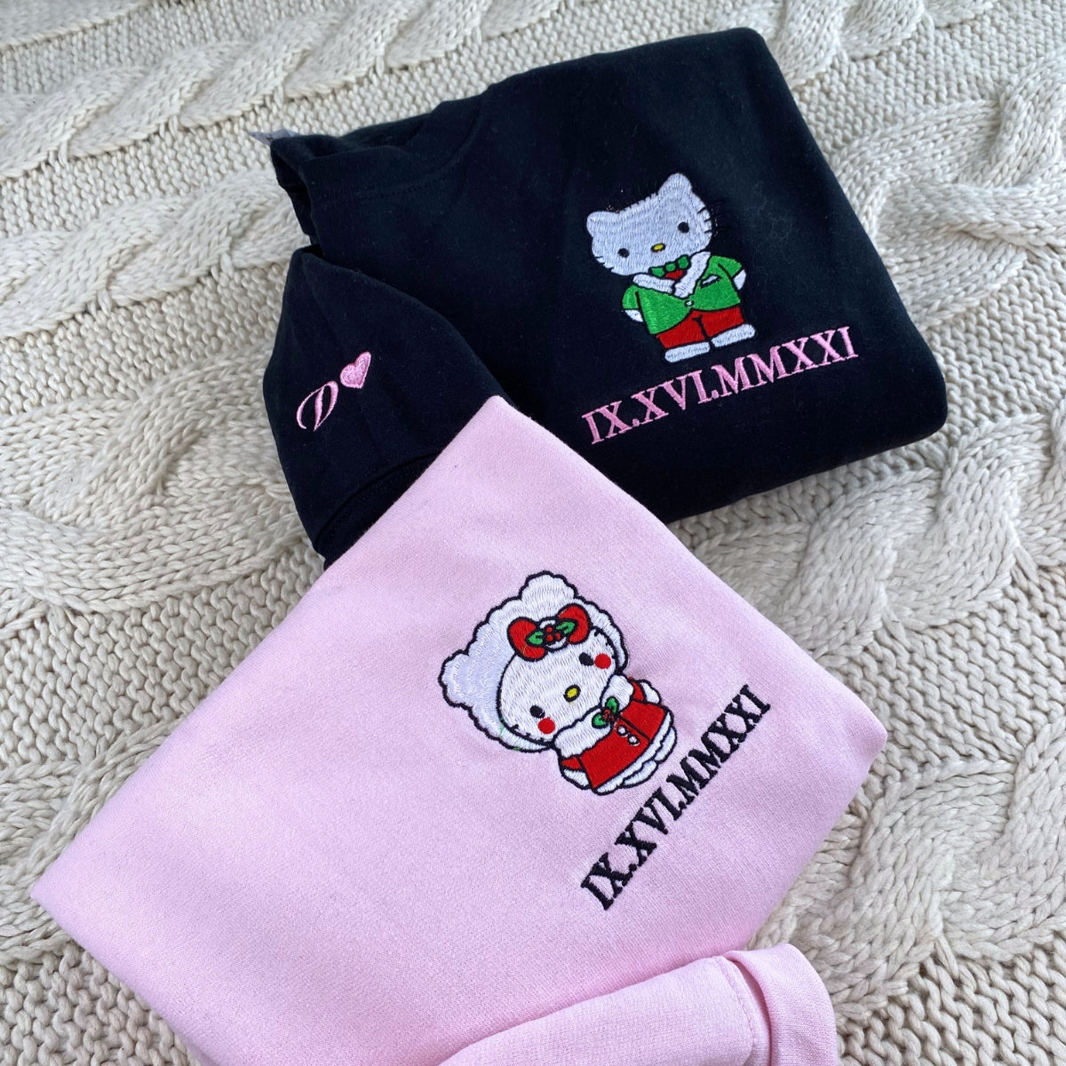 Custom Embroidered Roman Numeral Date Hoodies For Couples, Cute Christmas Kitten Cartoon Couples Embroidered Hoodie