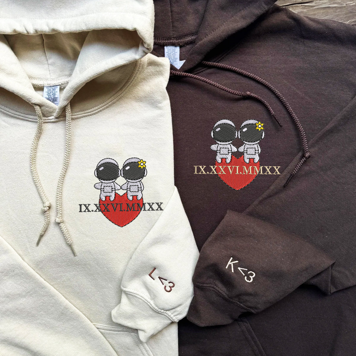 Custom Embroidered Roman Numeral Date Hoodies For Couples, Cute Couples Astronaut Couples Embroidered Hoodie