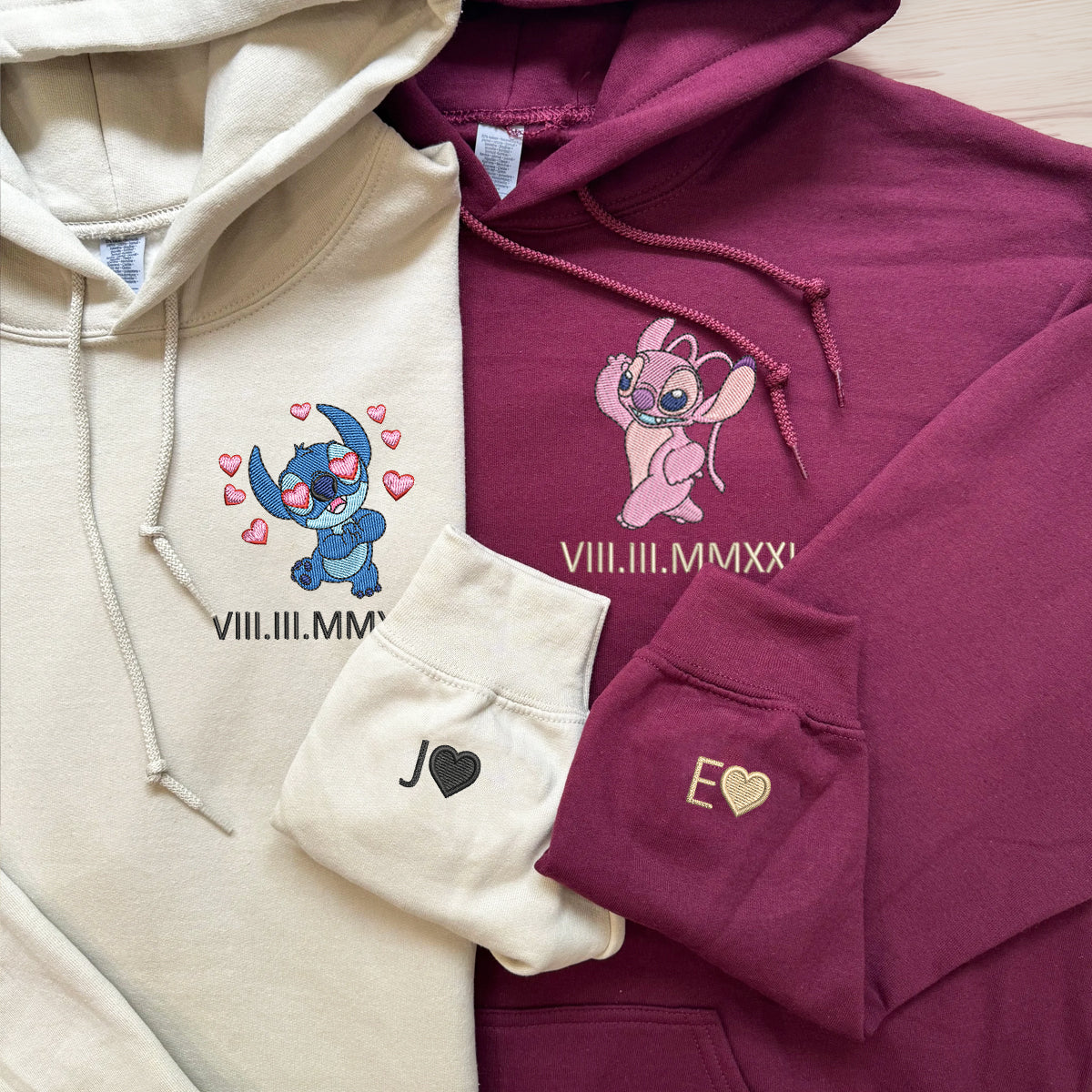 Custom Embroidered Roman Numeral Date Hoodies For Couples, Cute Stitch Couples Embroidered Hoodie