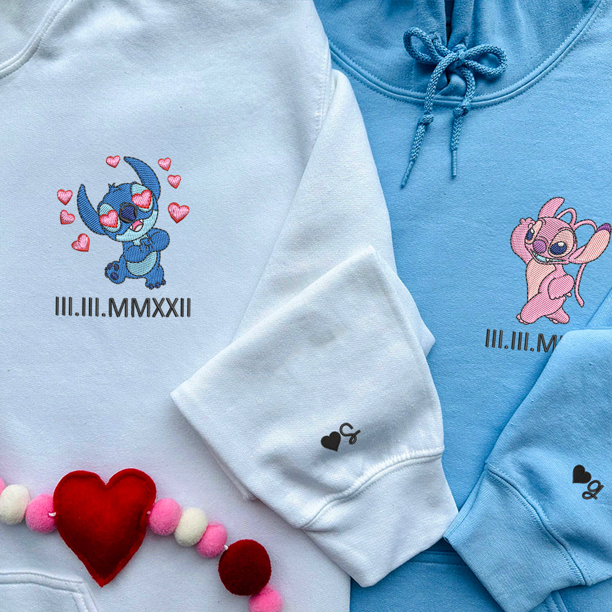 Custom Embroidered Roman Numeral Date Hoodies For Couples, Cute Stitch Couples Embroidered Hoodie