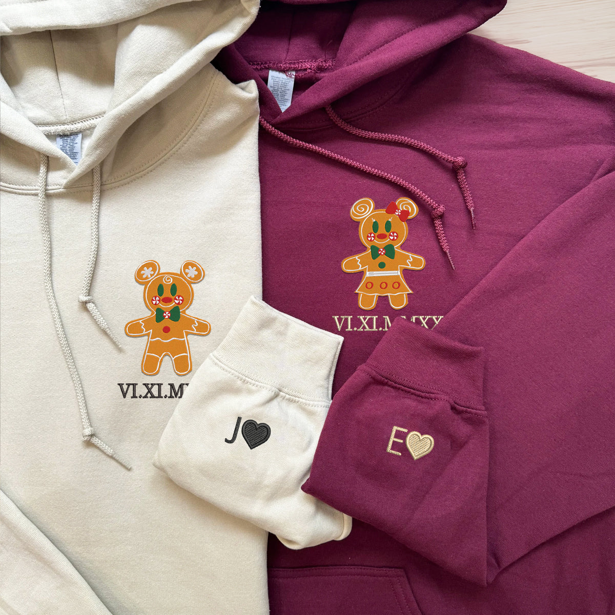 Custom Embroidered Roman Numeral Date Hoodies For Couples, Gingerbread Christmas Mouse Couples Embroidered Hoodie
