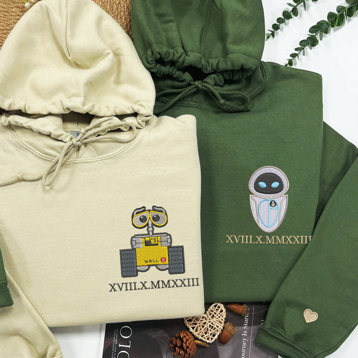 Custom Embroidered Roman Numeral Date Hoodies for Couples, Cute Robot Love Matching Hoodie