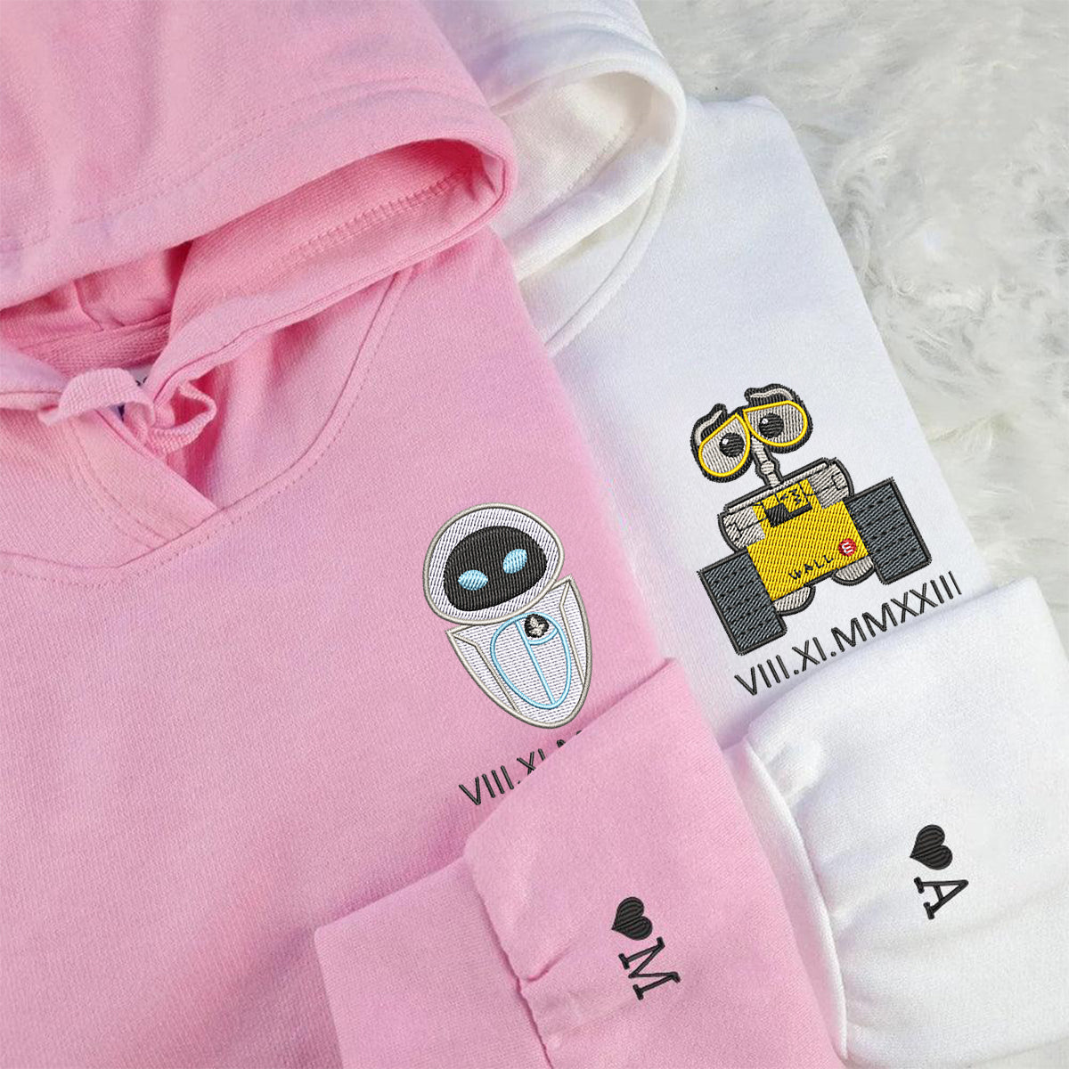 Custom Embroidered Roman Numeral Date Hoodies for Couples, Cute Robot Love Matching Hoodie