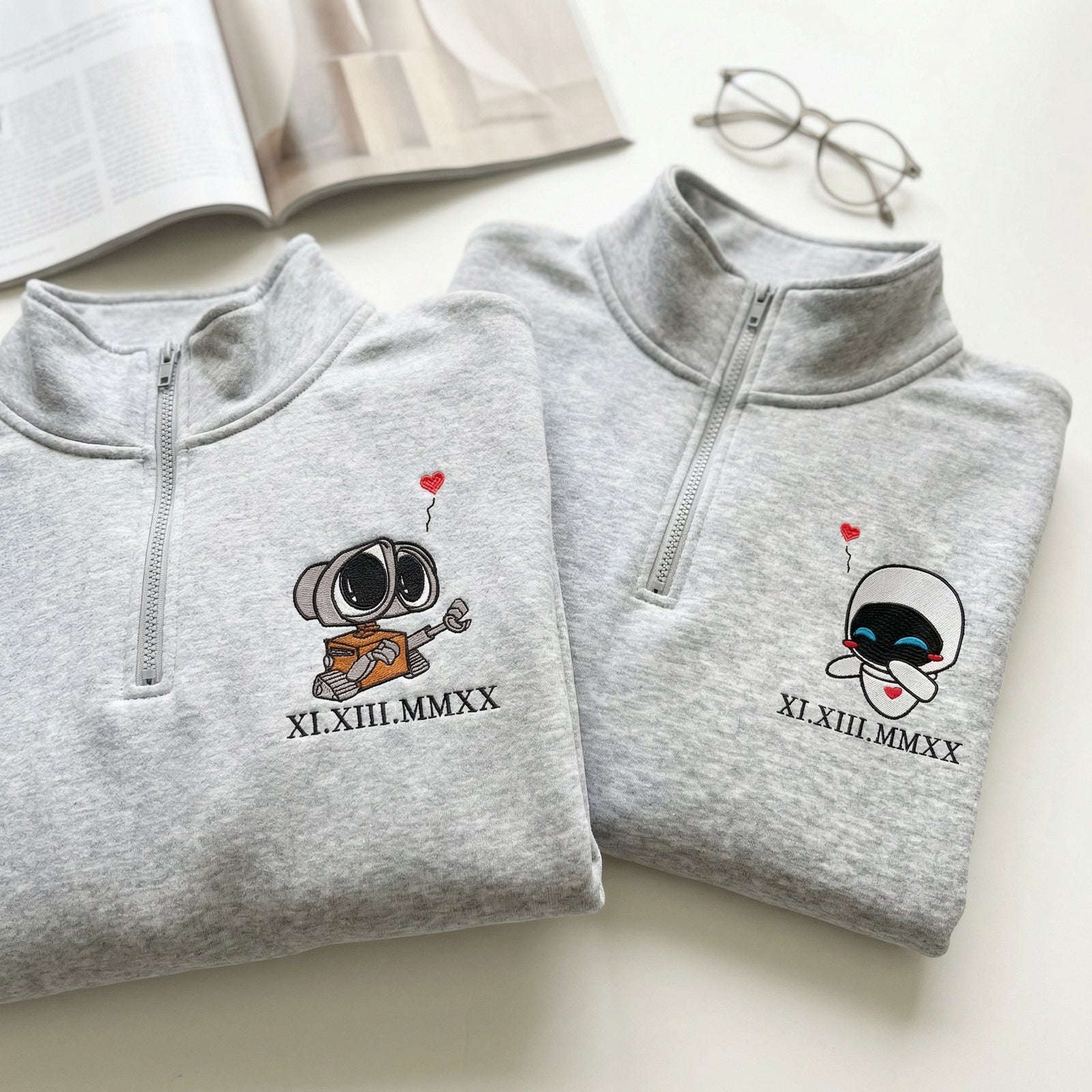 Custom Embroidered Roman Numeral Date Quarter Zip Sweatshirts for Couples - Cute Cartoon Robot Love Matching Full-Zip Hoodie