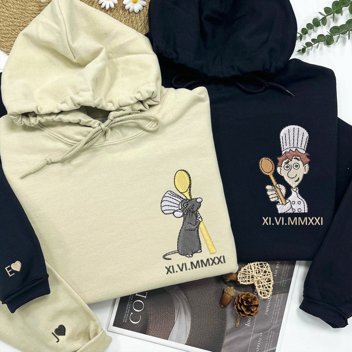Custom Embroidered Roman Numeral Hoodies For Couples, Roman Numeral Date Hoodie, Chef x Mouse Cartoon Couples Embroidered Hoodie