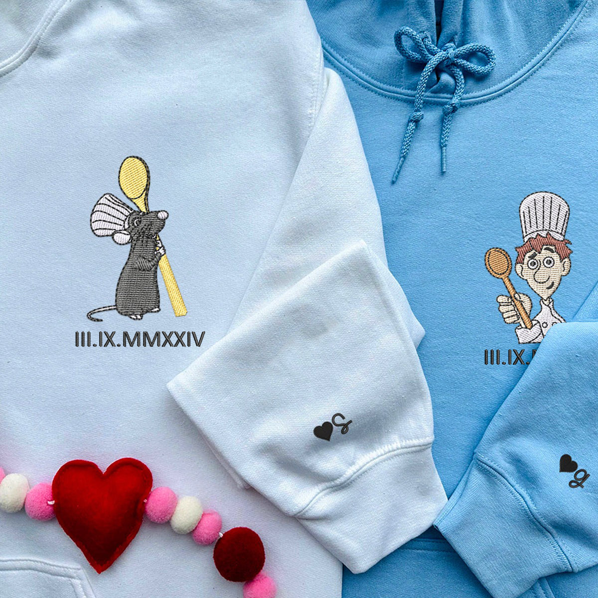 Custom Embroidered Roman Numeral Hoodies For Couples, Roman Numeral Date Hoodie, Chef x Mouse Cartoon Couples Embroidered Hoodie