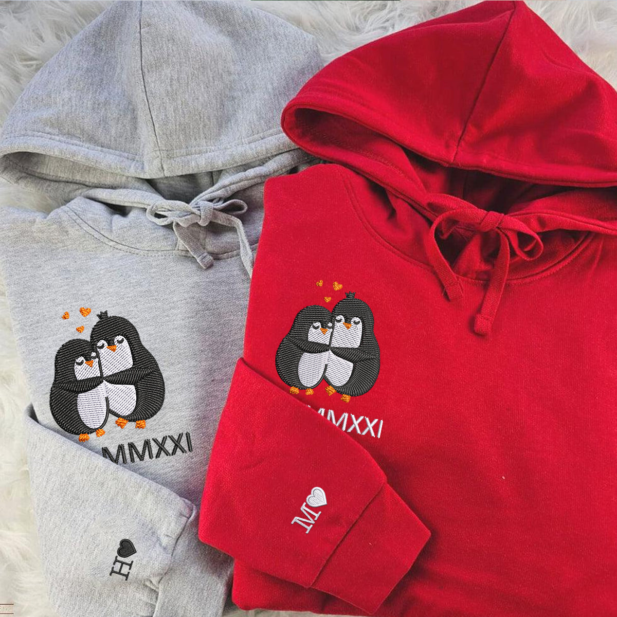 Custom Embroidered Roman Numeral Hoodies For Couples, Roman Numeral Date Hoodie, Cute Penguin Couples Embroidered Hoodie