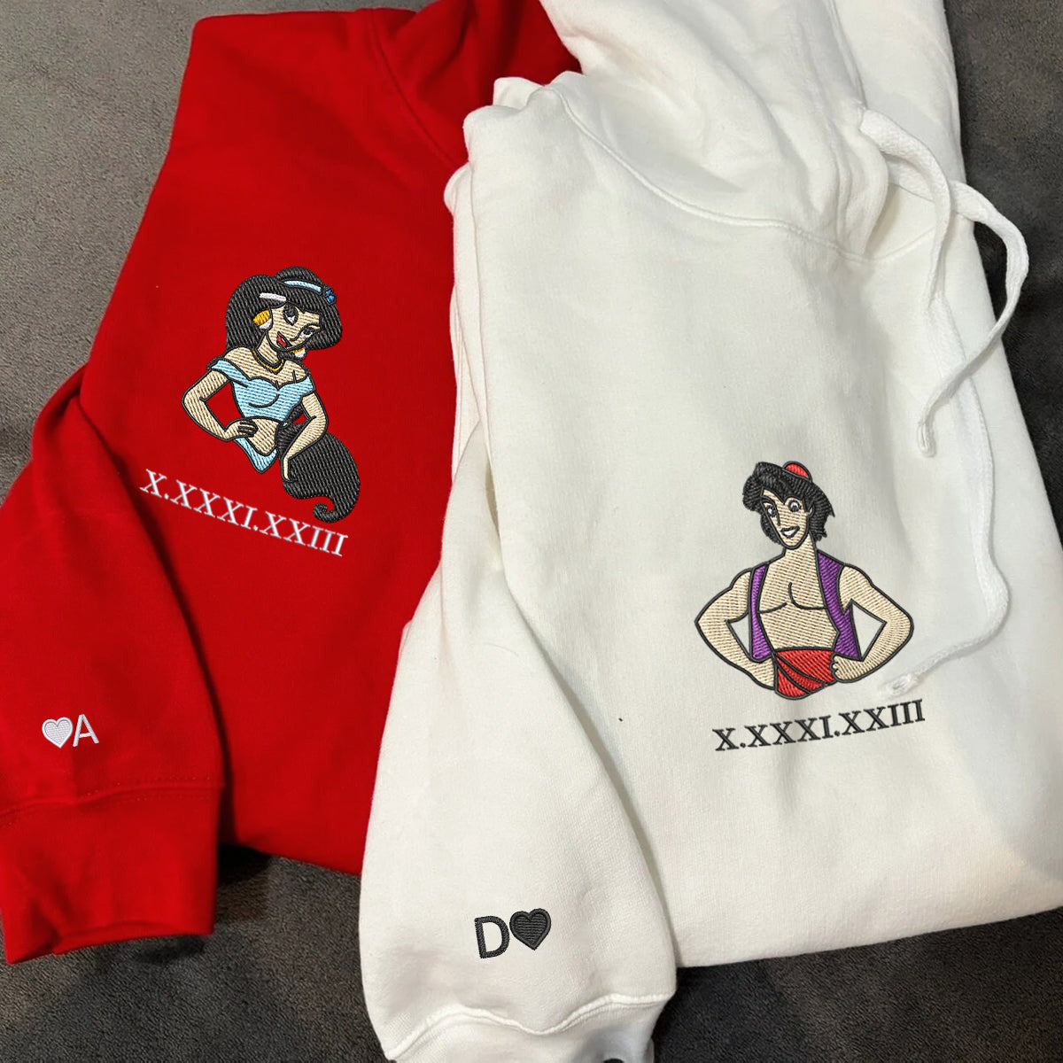 Custom Embroidered Roman Numeral Hoodies For Couples, Roman Numeral Date Hoodie, Cute Princess Couples Embroidered Hoodie V2