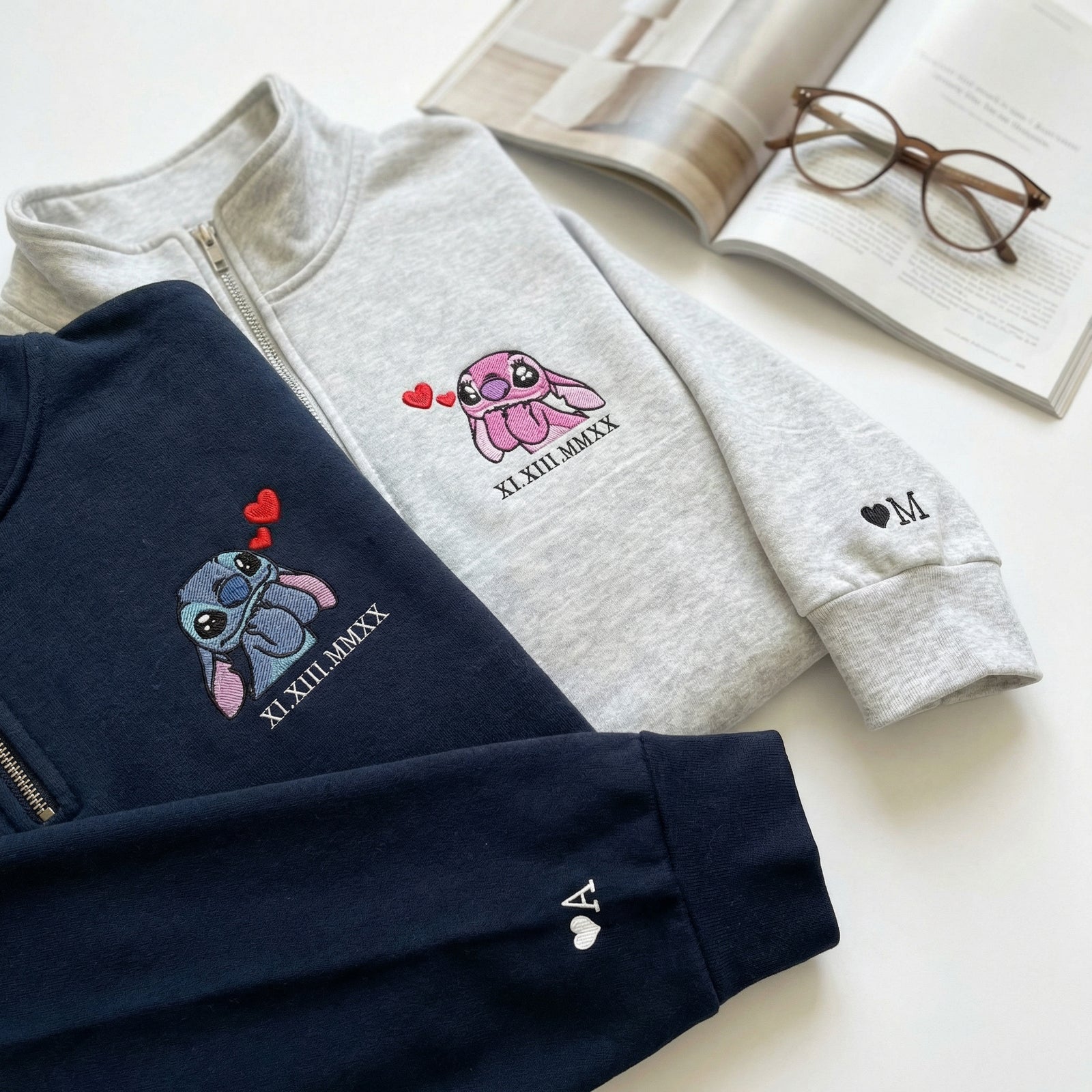 Custom Embroidered Roman Numeral Quarter Zip Sweatshirts for Couples - Cute Alien Duo Matching Date Hoodie