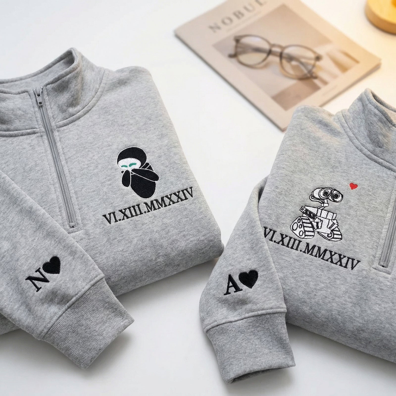Custom Embroidered Roman Numeral Quarter Zip Sweatshirts for Couples - Personalized Robot Love Matching Full-Zip Hoodie