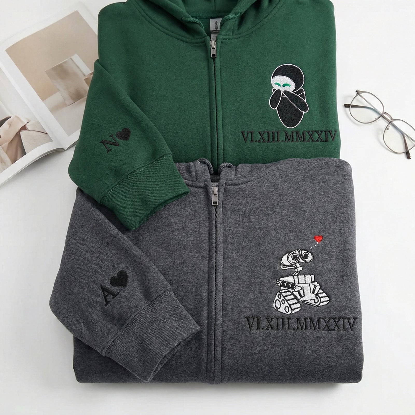 Custom Embroidered Roman Numeral Quarter Zip Sweatshirts for Couples - Personalized Robot Love Matching Full-Zip Hoodie