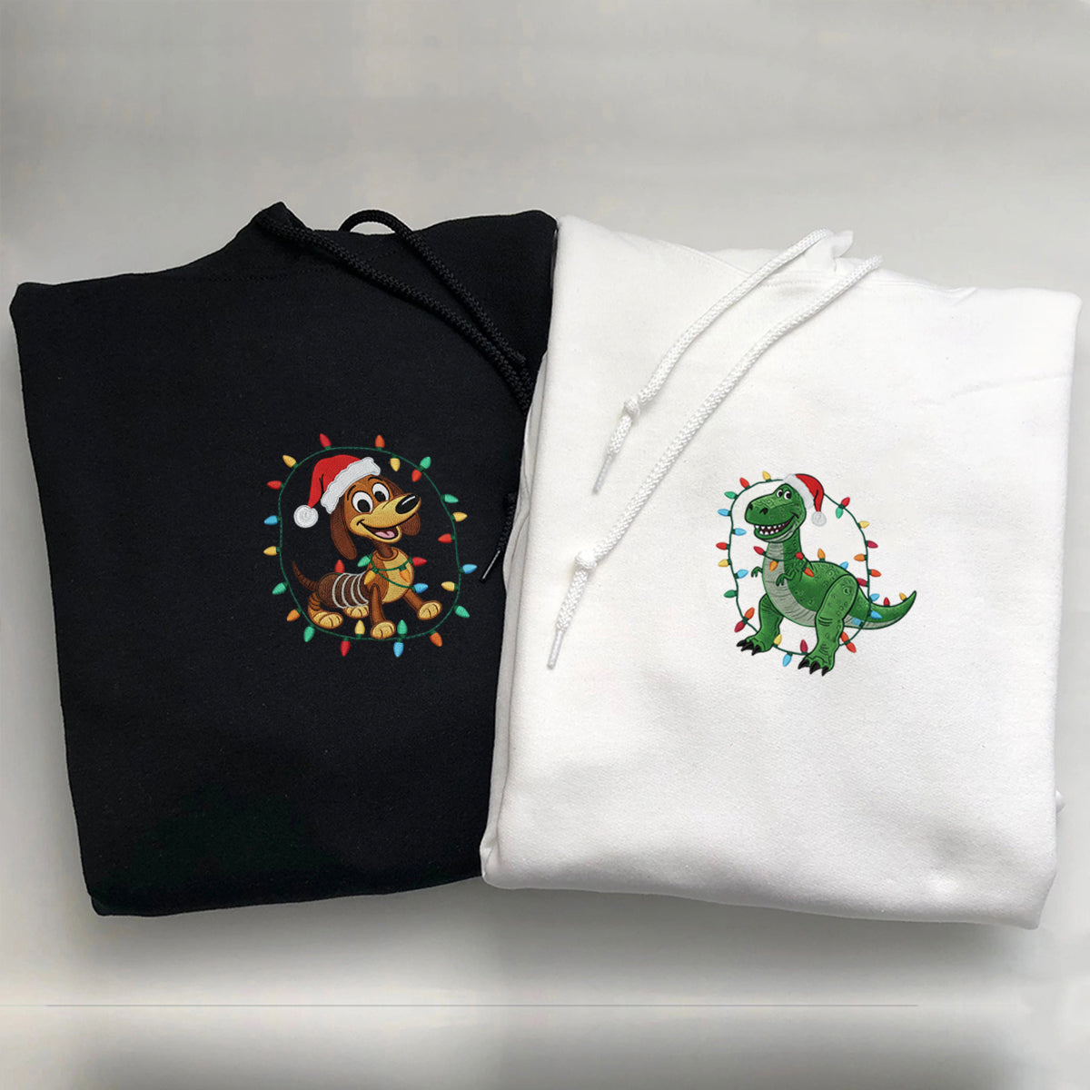 Custom Embroidered Stretchy Puppy and Green Dino Duo Christmas Hoodie, Cute Winter Season Matching for Couples