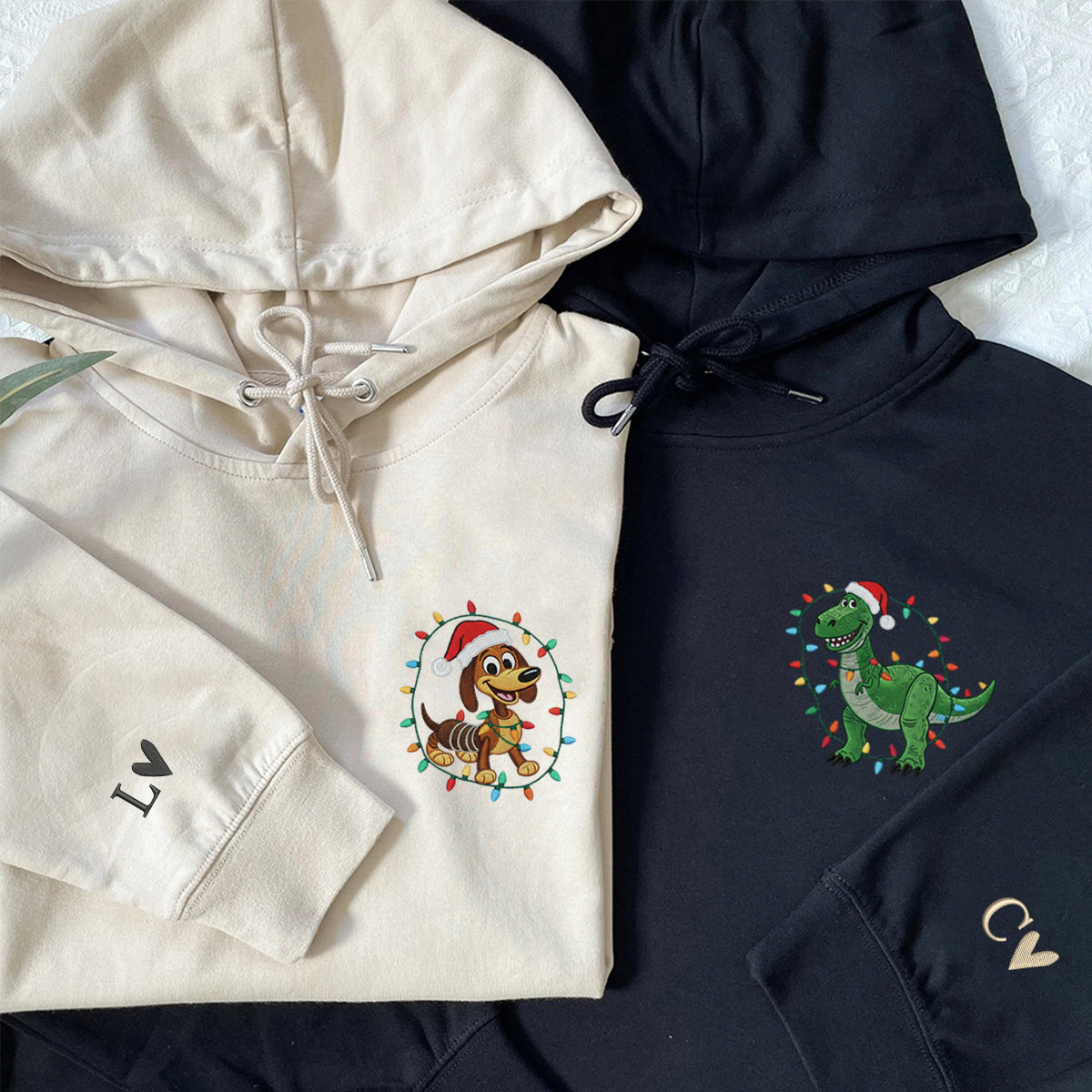 Custom Embroidered Stretchy Puppy and Green Dino Duo Christmas Hoodie, Cute Winter Season Matching for Couples