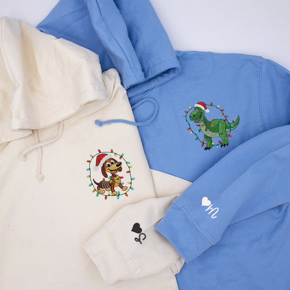 Custom Embroidered Stretchy Puppy and Green Dino Duo Christmas Hoodie, Cute Winter Season Matching for Couples